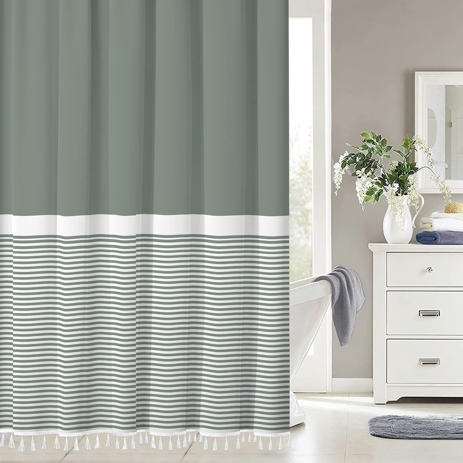 Seasonwood Sage Green Shower Curtain for Bathroom Stripe