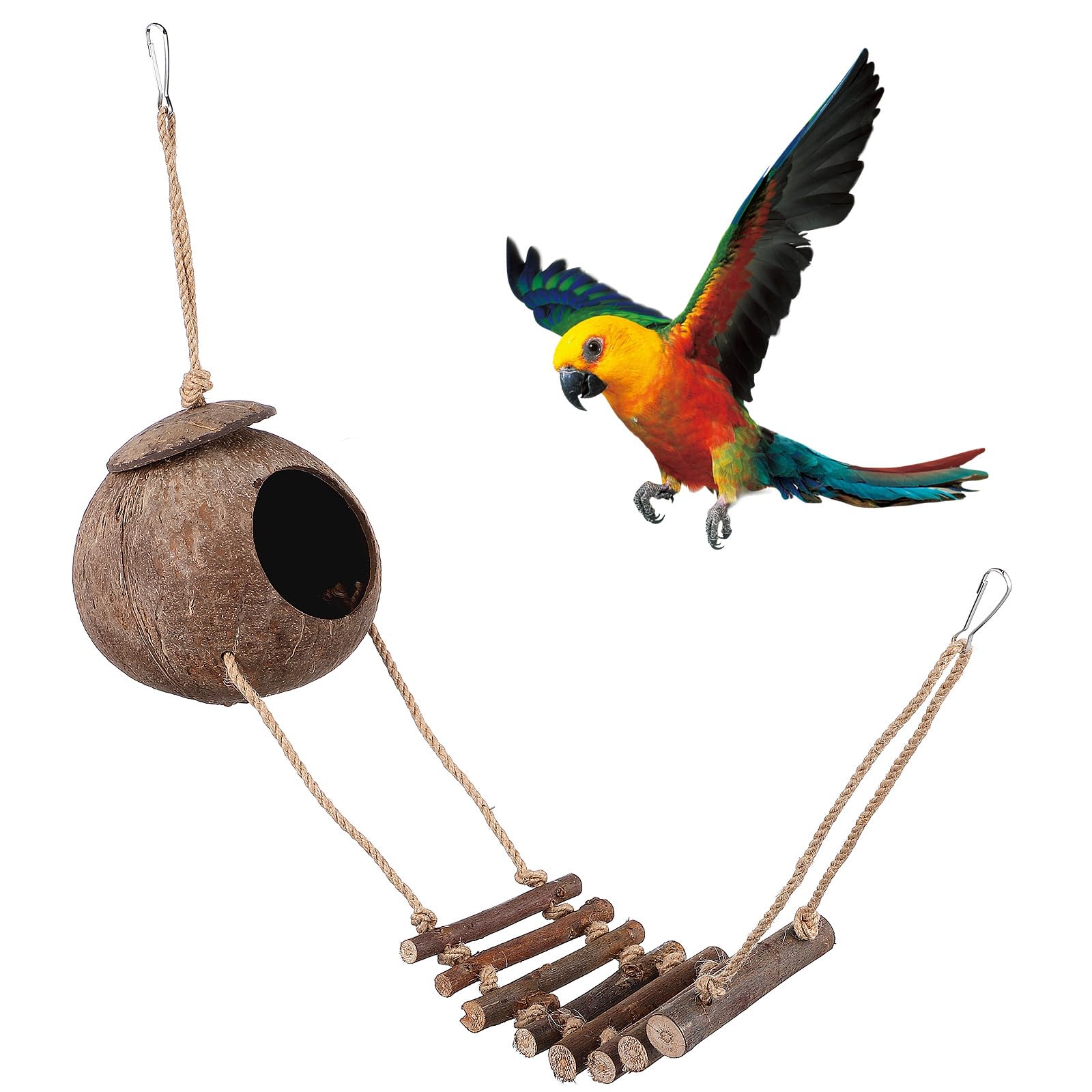 TOYANDONA Coconut Shell Reptile Hide with Wooden Climbing Ladder – Hanging Nest & Bridge Set for Crested Geckos, Leopard Geckos, Hamsters, And Small Birds