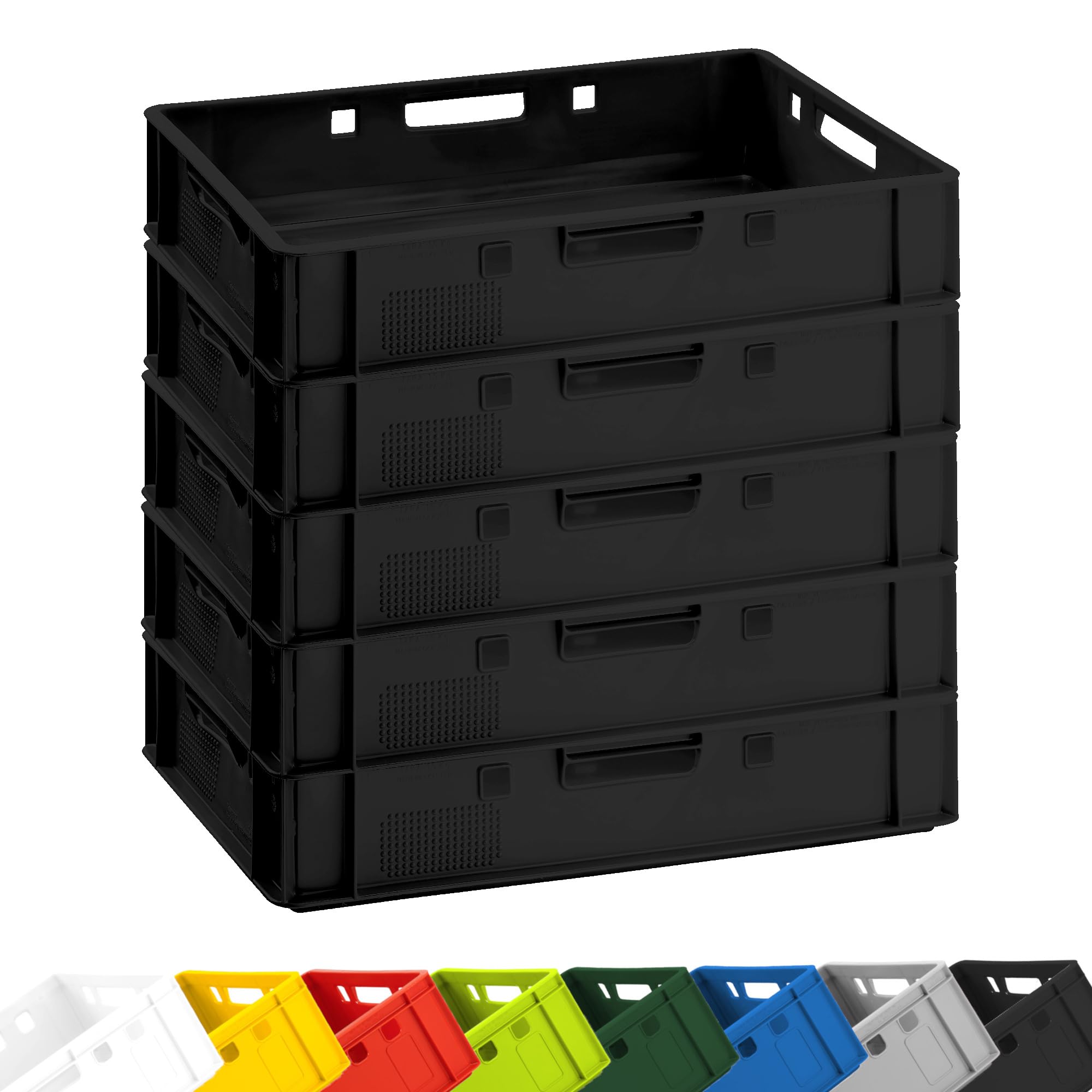 BURI 5 x Butcher Crates E1 Storage Box 60 x 40 x 12.5 cm Meat Box Butcher Box Flat Extremely Versatile Stacking Box Food Safe Robust Stackable (Black)