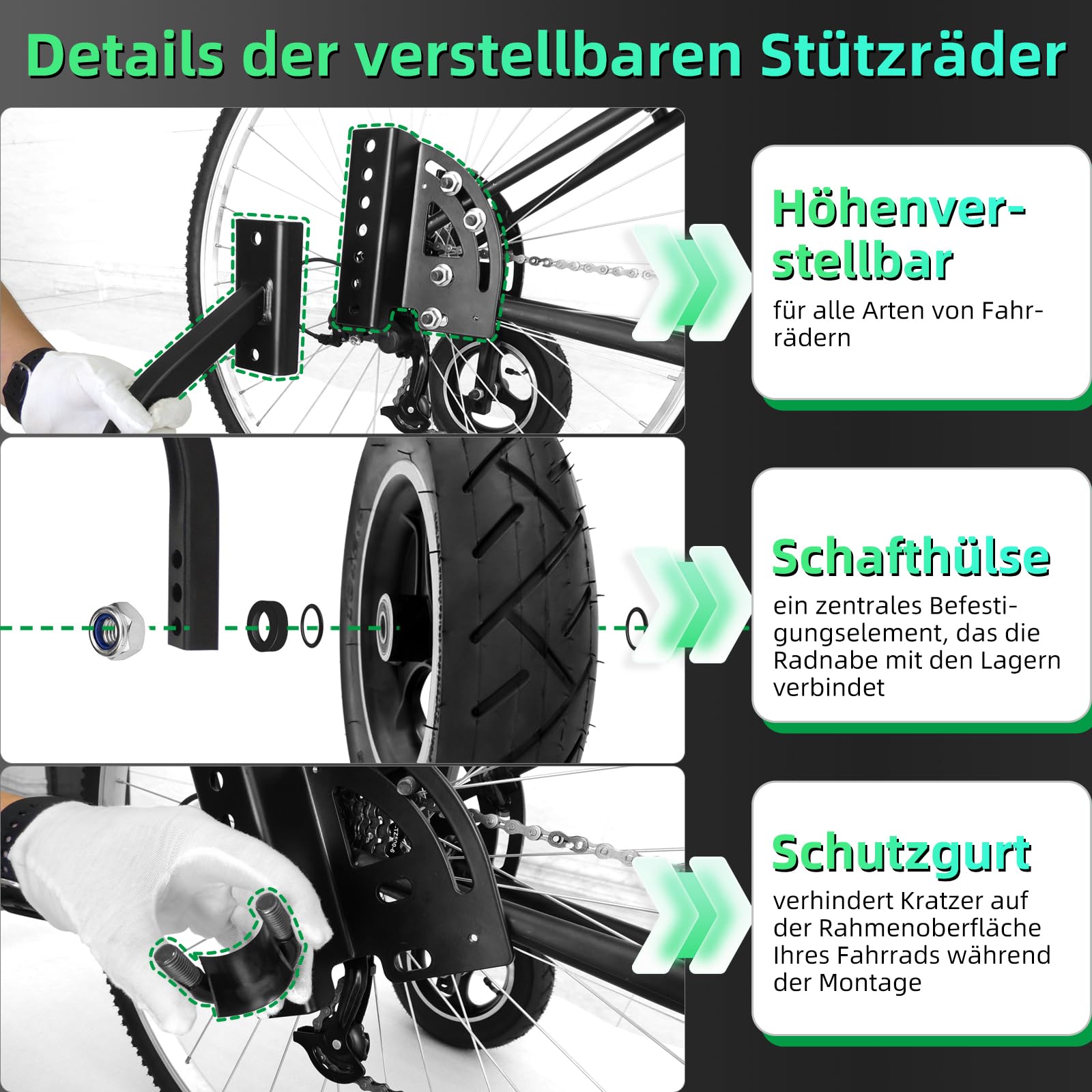 Stützräder für Erwachsene | Verstellbares Trainingsrad Set | Universell für 24-29 Zoll Felgen (700C) | Für Schnellspanner & E-Bikes | Bis 100 kg (220 lbs) Traglast