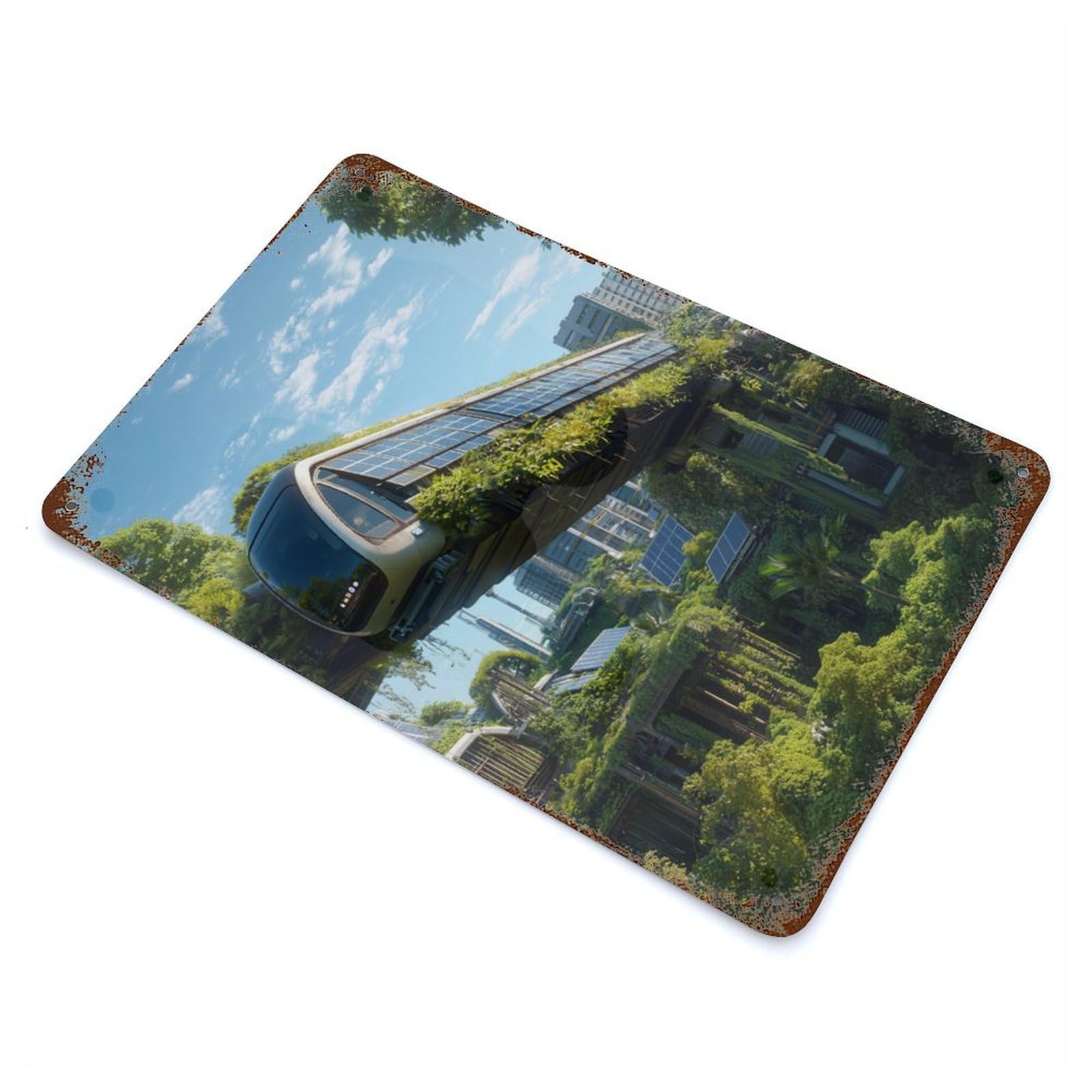 Futuristic Eco-City Train Vintage Wall Sign 11.8"x7.9", Rust Effect Metal Decor for Basement, Hobby Room And Garage Decor