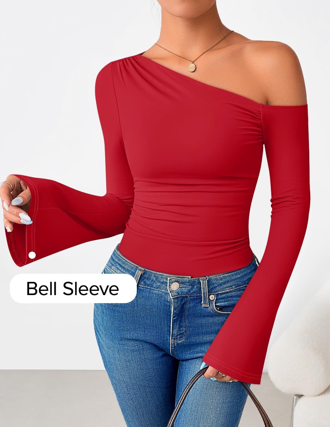 ZESICA Women's Off Shoulder Tops Bell Long Sleeve Shirts 2026 Spring Trendy Going Out Ruched Tight Fitted Y2K Clothes - Image 4