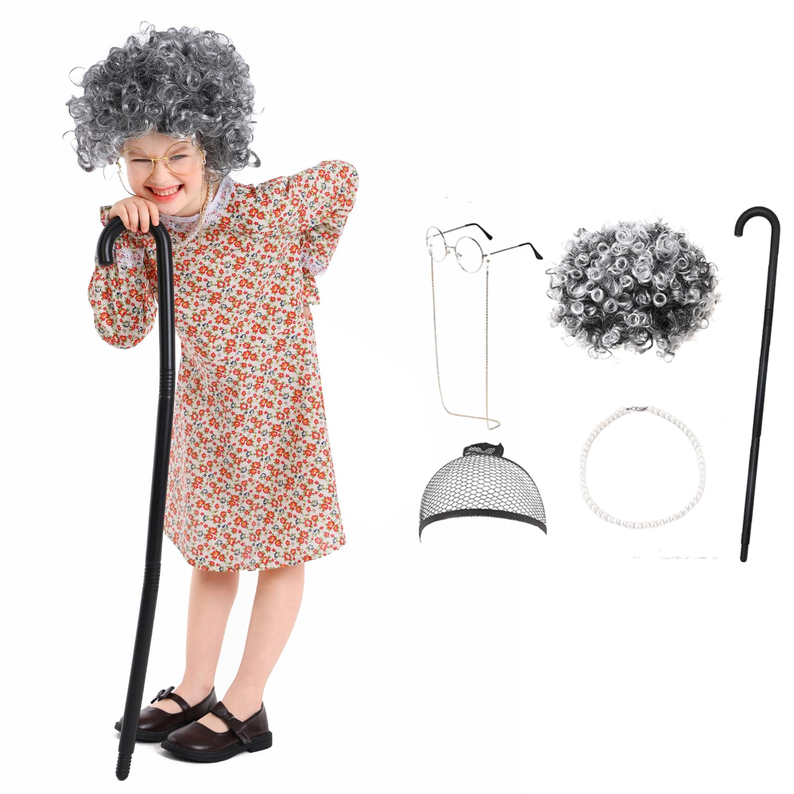 maxToonrain Granny Costume for Kids,Girls World Book Day Costumes Funny Old  Lady Fancy Dress with Granny Wig Accessories for Halloween Cosplay  Party(Orange Flowers,L)  BigaMart