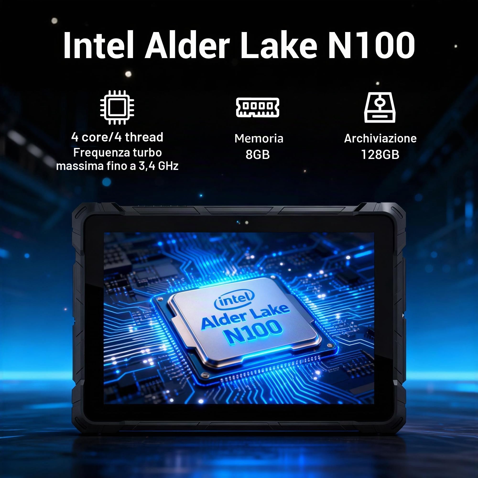 Tablet PC Esterni Win 11 Pro Rugged Tablet Resistente all Acqua Antishock Polvere, N100 CPU, 8GB RAM 128GB ROM, 10,1 Pollici Scansione di Codici a Barre, 8000mAh, 2 USB 3.2, Type-C, RS232
