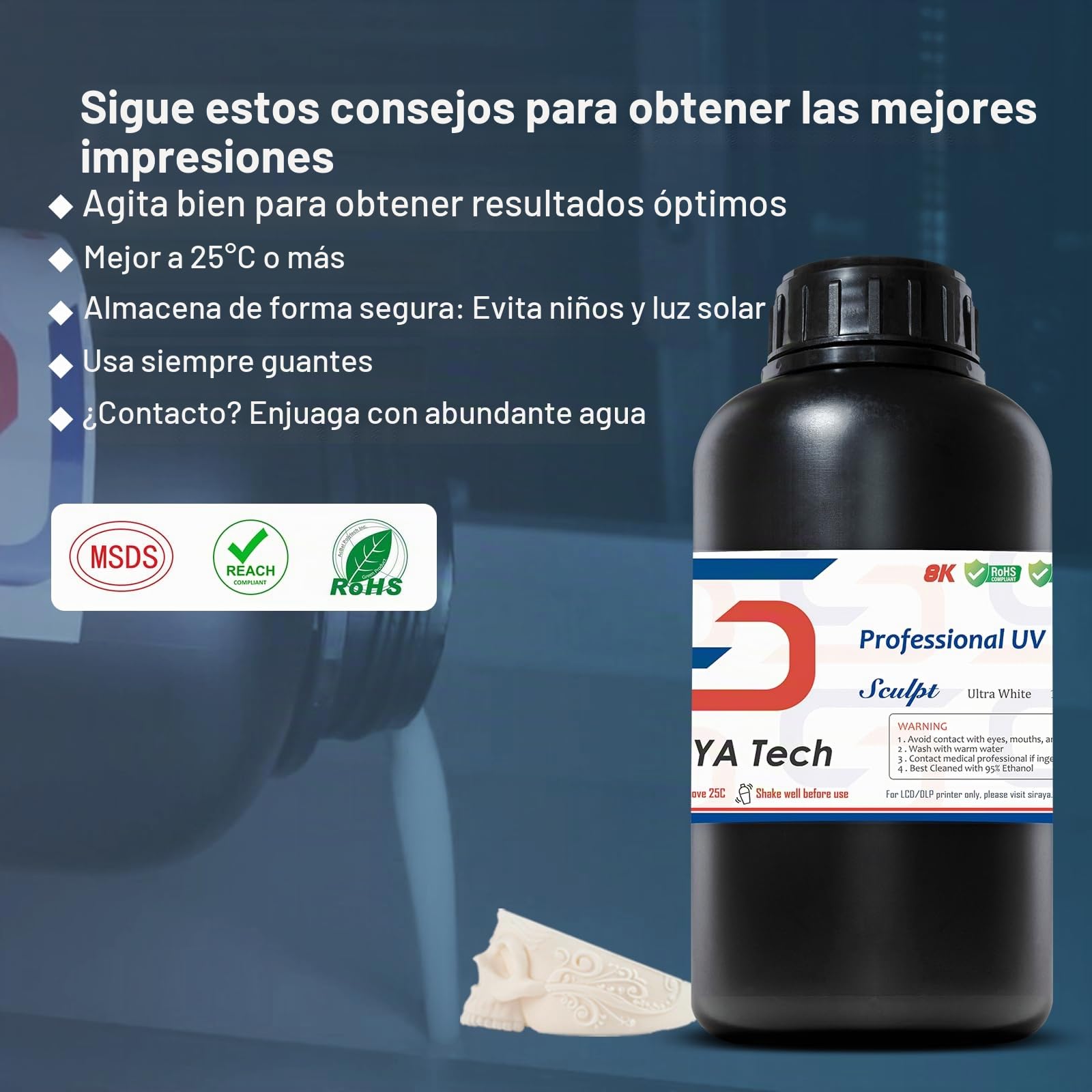 Siraya Tech Sculpt Ultra Impresora 3D Resina Resolución de alta temperatura Resistencia LCD Resina de curado UV para joyería de ingeniería y aplicaciones industriales (Ultra Blanco, 1kg)
