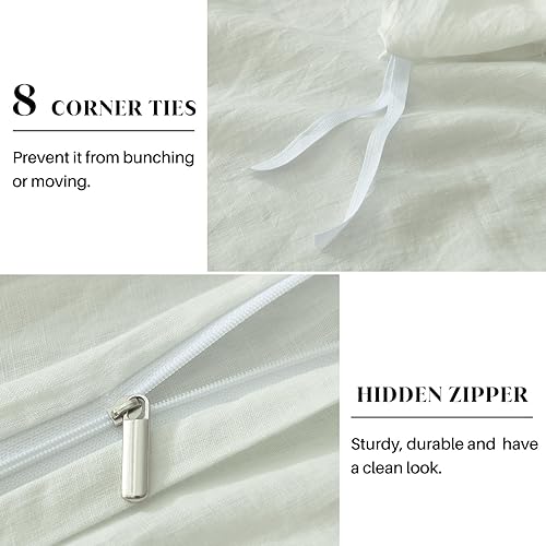 Miniatura 3 de CozyDH Juego de funda de edredón de lino belga, tamaño Queen, 100% lino belga, transpirable y duradero, color blanco, con cierre de cremallera de 8