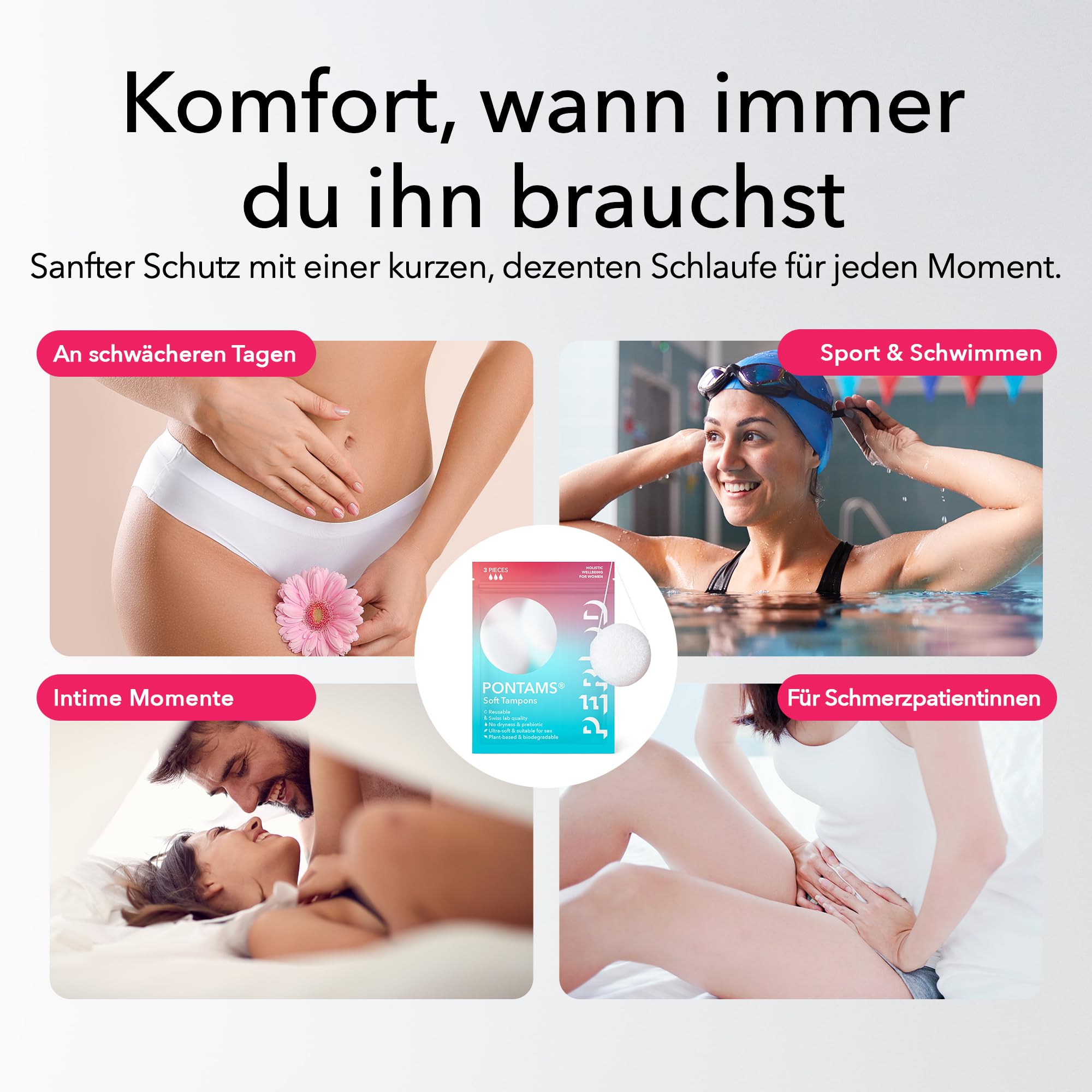 PERIOD PONTAMS Soft-Tampons für Frauen – 3 Tage wiederverwendbare und kompostierbare Tampons – Unterstützung des probiotischen Gleichgewichts – Ultraweich, auf pflanzlicher Basis, 12 Stück