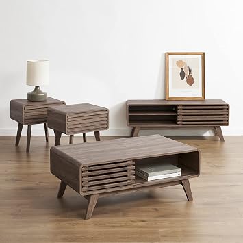 mopio Ensley Coffee Table, Mid Century Modern Rectangle Living Room, Center Coffee Table with Storage + 46" TV Stand + 2 Side Tables Walnut