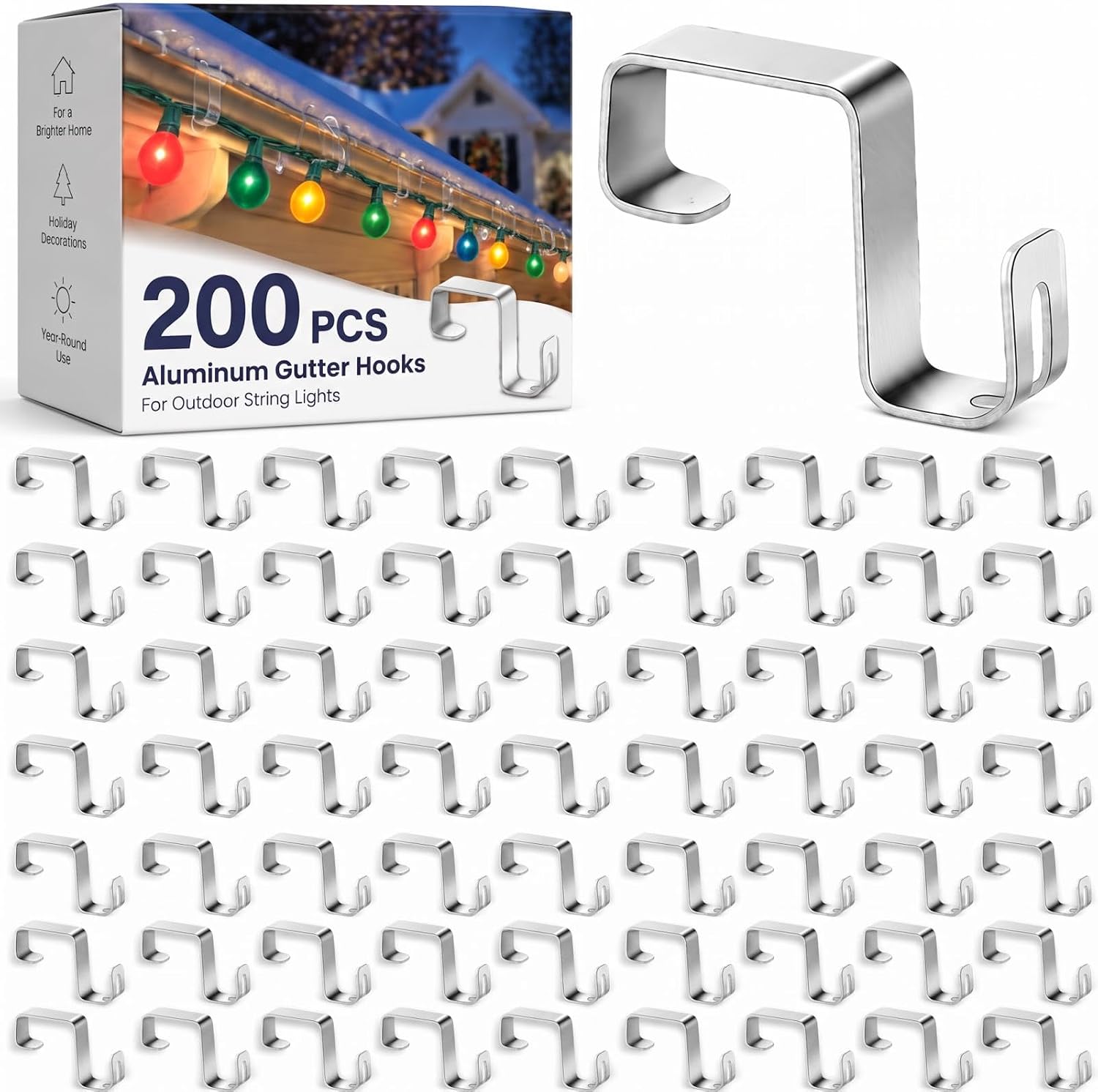 100 Pcs Gutter Light Clips for Outdoor, Christmas Light Hooks, Silver