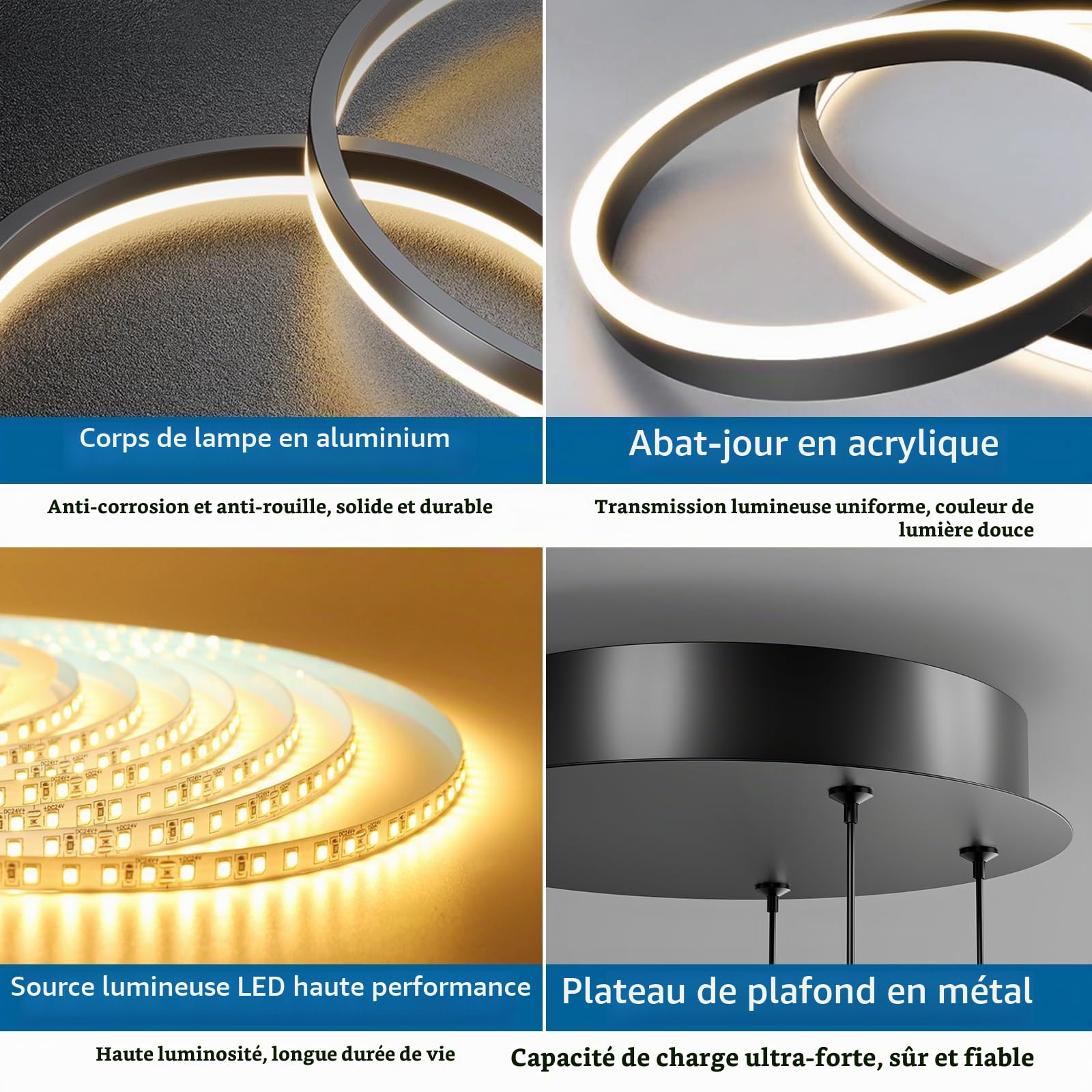 Mikeru 3 Anneaux Lampe Pendante Ronde, Suspension 20+40+60cm Lampe Pendante Télécommandée De 10% à 100% 3000k/4500k/6500k Plafonniers Modernes à Intensité Variable Pour Salon, Librairie