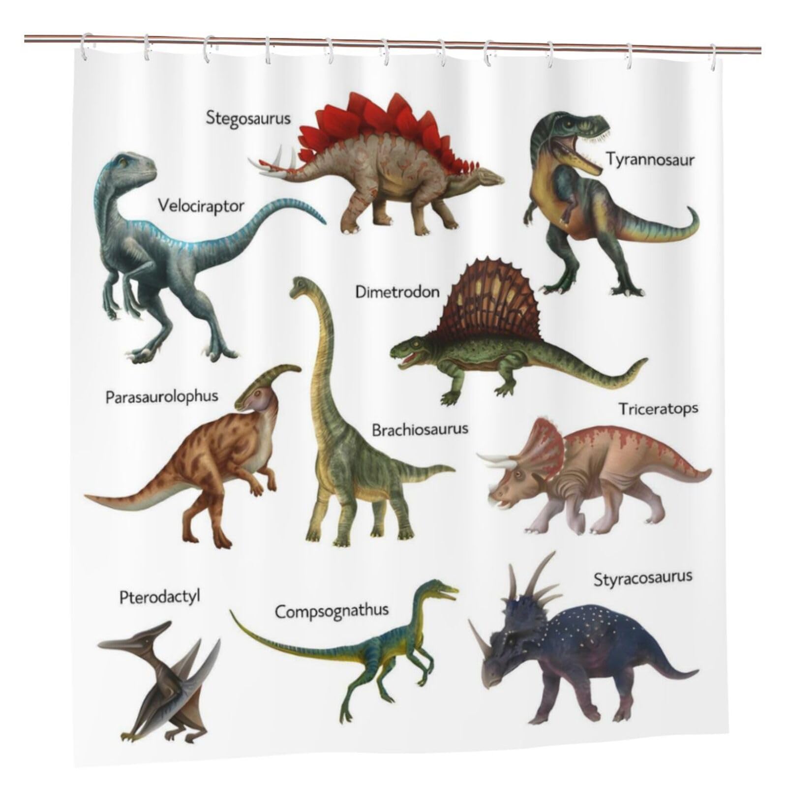 Newhomestyle Dinosaur Shower Curtains, Dion Waterproof Bathroom Curtain, Machine Washable Fabric Bath Curtain with 12 Hooks, 180x180cm/ 71X71 in (Stegosaurus, Dimetrodon, Velociraptor) — image 1