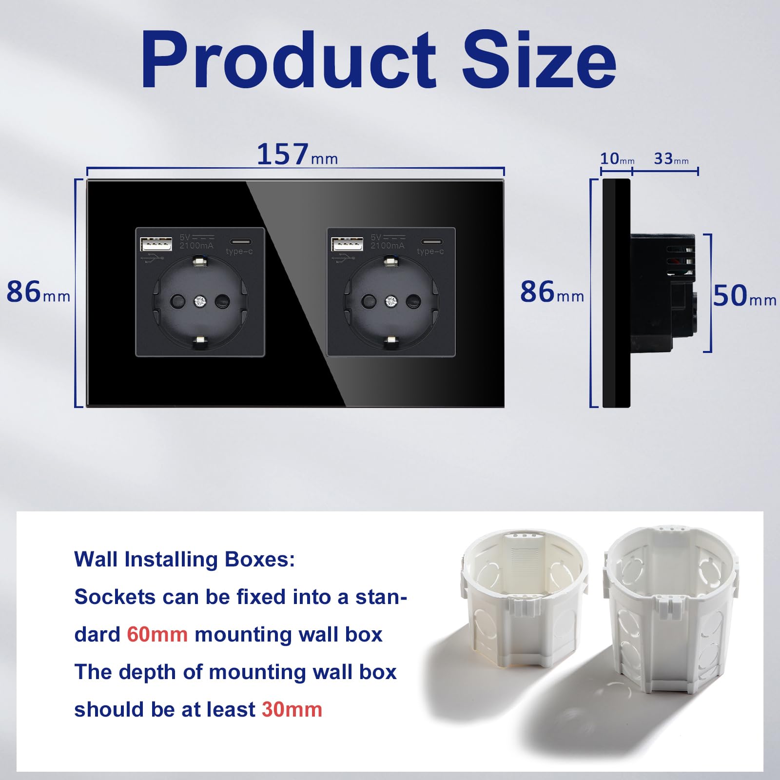 Bseed Schuko-stopcontact met Type C 20W snellader, Type C Type C stopcontact inbouw, 2-voudig EU-standaard wandcontactdoos met glazen plaat, 157 mm, grijs Bseed Schuko-stopcontact met Type C 20W snellader, Type C Type C stopcontact inbouw, 2-voudig EU-standaard wandcontactdoos met glazen plaat, 157 mm, grijs