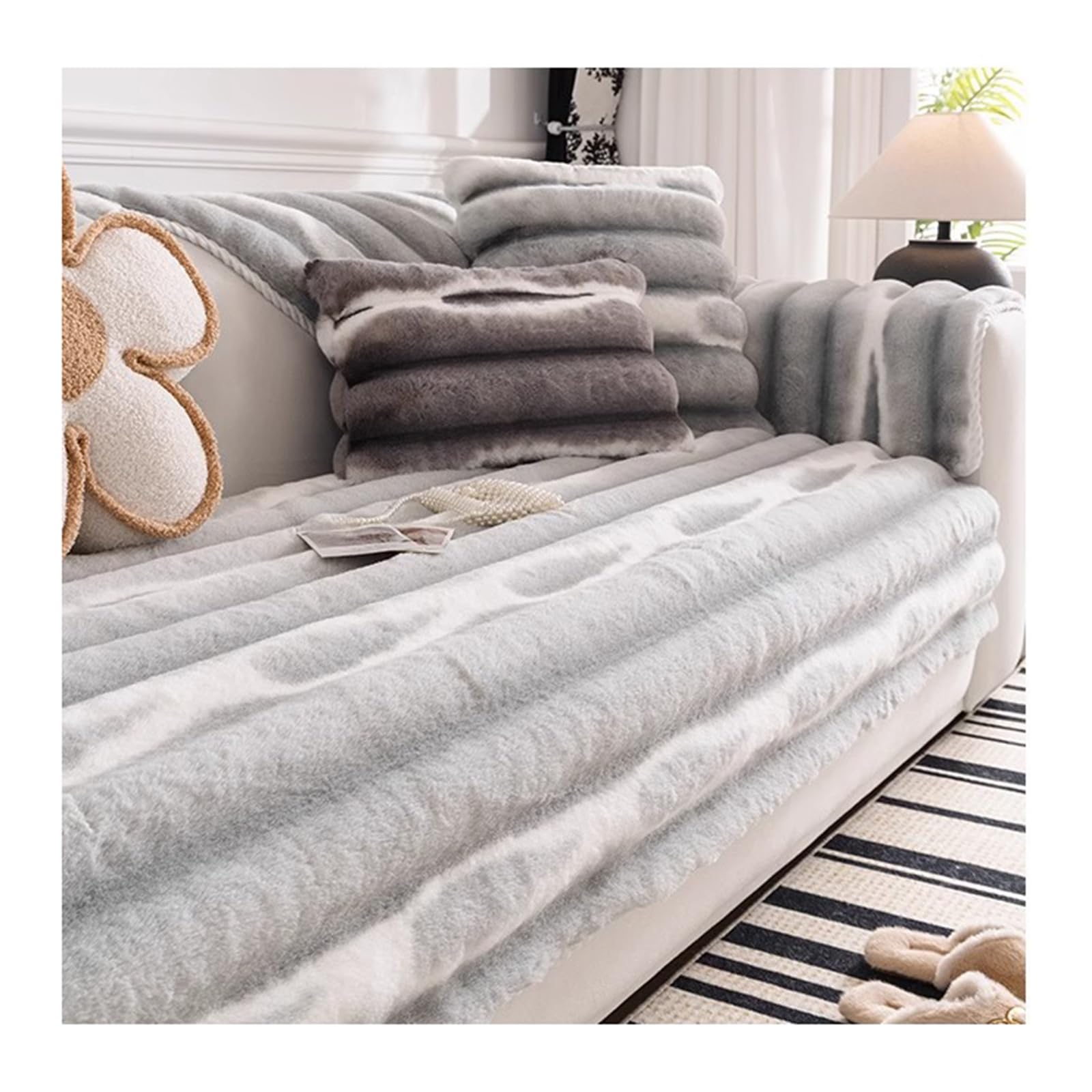 Tauzveok Rabbit Plush Non Slip Sofa Cover, Funny Fuzzy Sofa Covers, Thick Couch Covers, For Corner Sofa Cover L Shaped, 3 2 1 4 Seater, Sofa Protectors From Pets,light grey,90 * 120cm