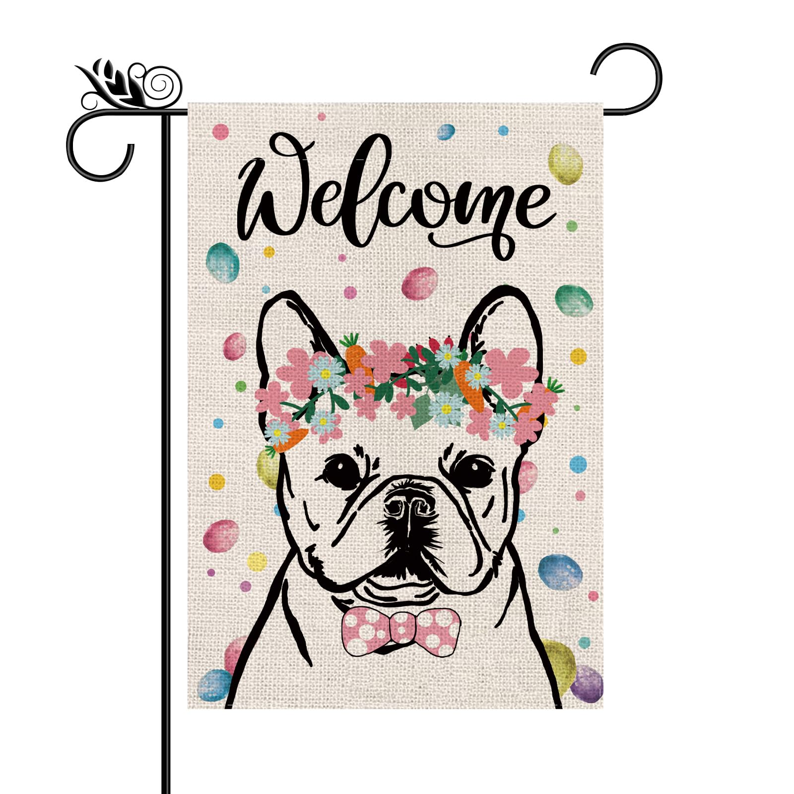 Easter Day Garden Flag French Bulldog Burlap Vertical Double Sided Welcome Holiday Party Outdoor Yard Decorations 12.5 x 18 Inch