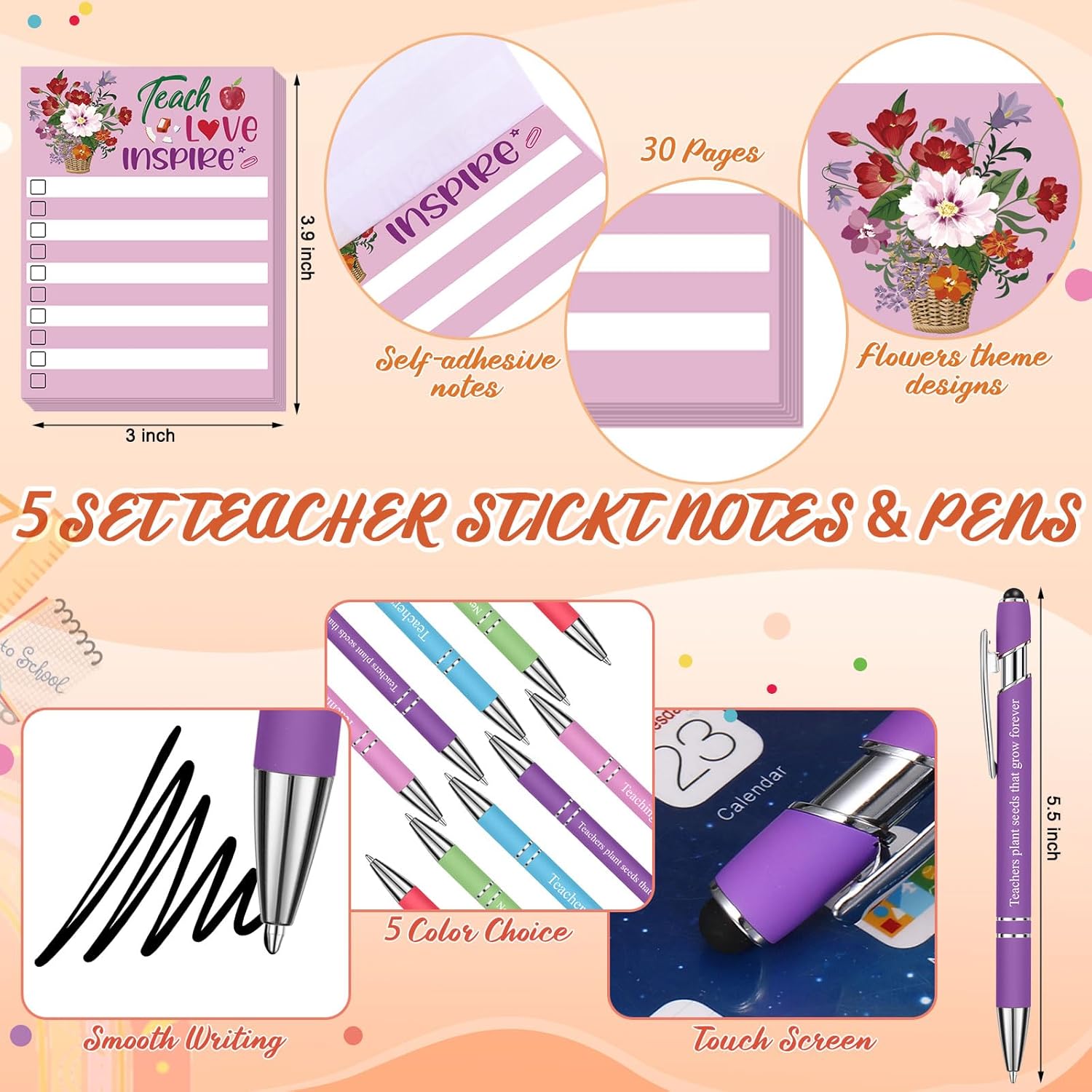 25 Pcs Teachers Appreciation Gift for Women Teacher Kraft Paper Bags Makeup Bags Sticky Notes Ballpoint Pens and Bookmarks Graduation Gifts for Tutor Appreciation Week Gift Sets Bulk