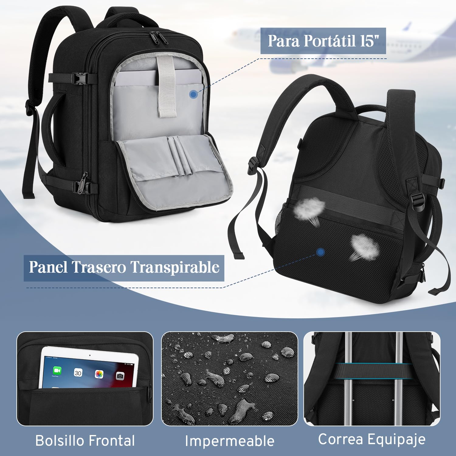 VSNOON Mochila 40x30x20 Expandible 24L-30L, Impermeable Mochila Viaje Cabina Avion 40x30x20 Para Ryanair, Vueling, Equipaje de Mano Hombre Mujere Con Bolsa Húmeda, Mochila Portatil 15 Pulgadas, Negro
