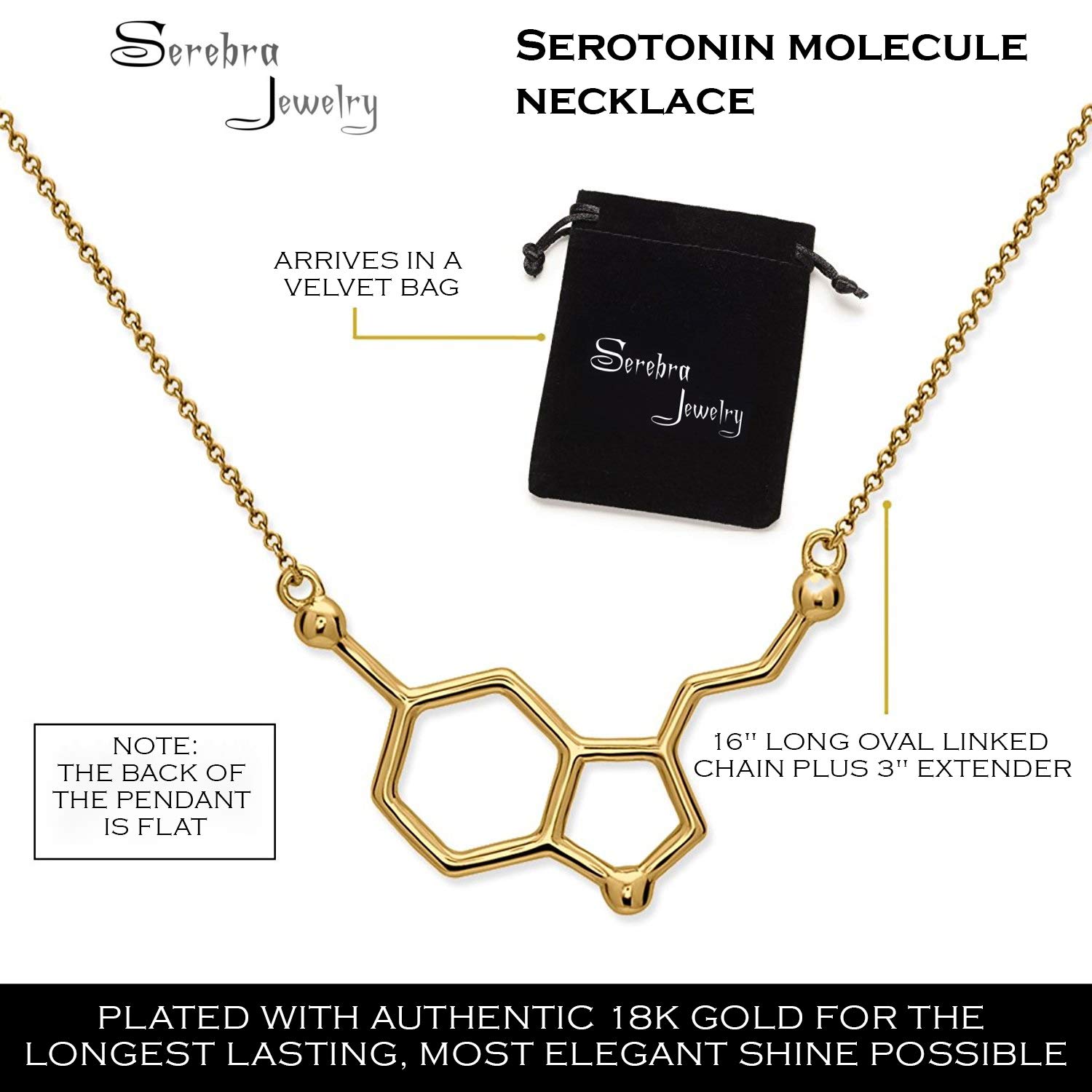 Serotonina Molecola Pendente Ciondolo con Collana | realizzato in argento sterling 925, placcato Oro e Oro Rosa | by Serebra Jewelry