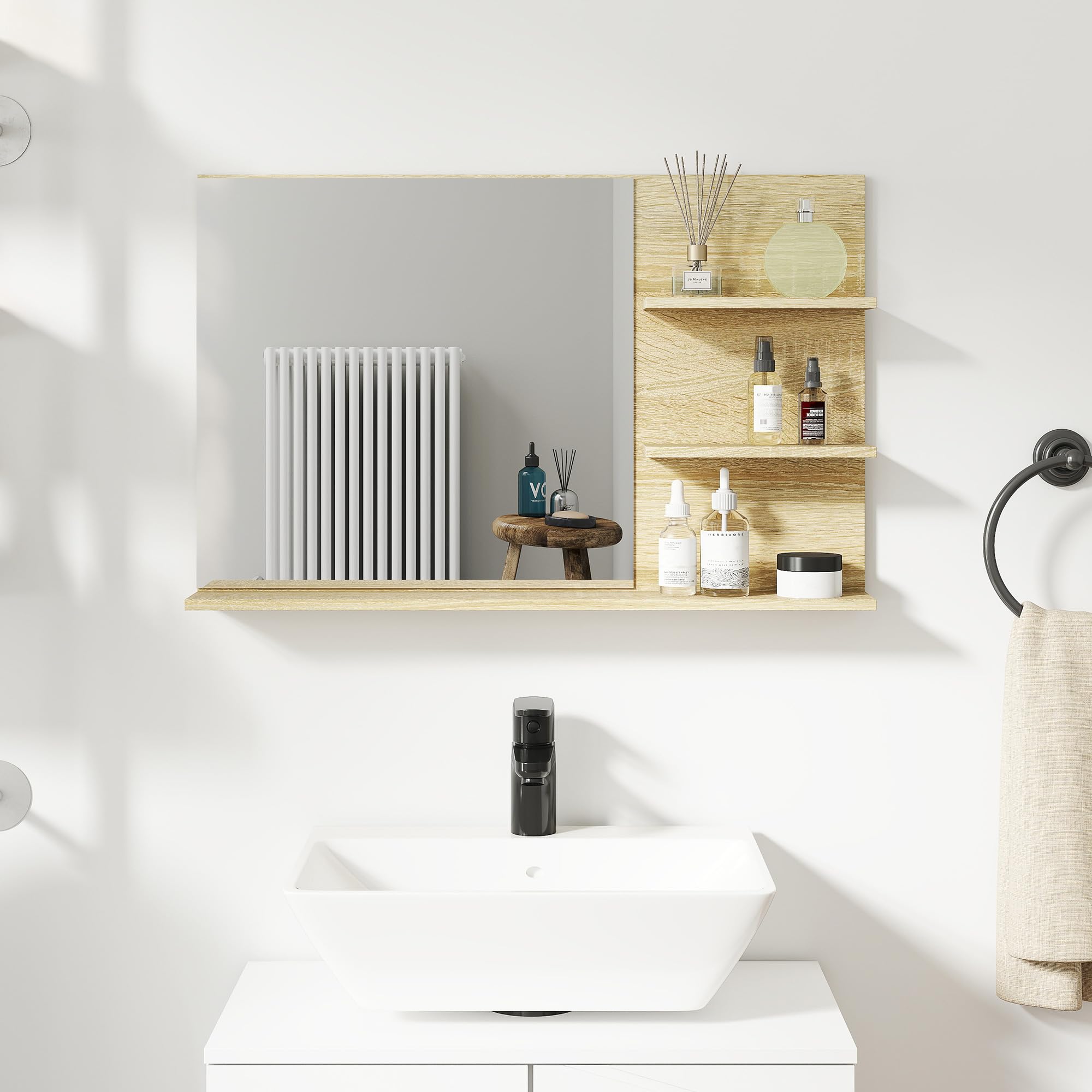 Kleankin Miroir Salle De Bain Avec 2 Étagères Latérales Et Étagère Inférieure - Couleur Bois 75x48 Cm