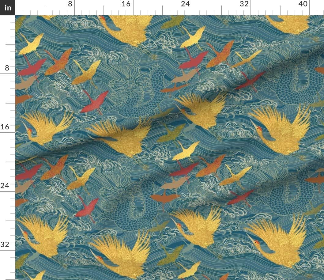 Spoonflower Fabric - Gold Japan Dragon Kimono Waves Hawaii Ocean Flying Cranes 1000 Sea Printed on Petal Signature Cotton Fabric by The Yard - Sewing Quilting Apparel Crafts Decor