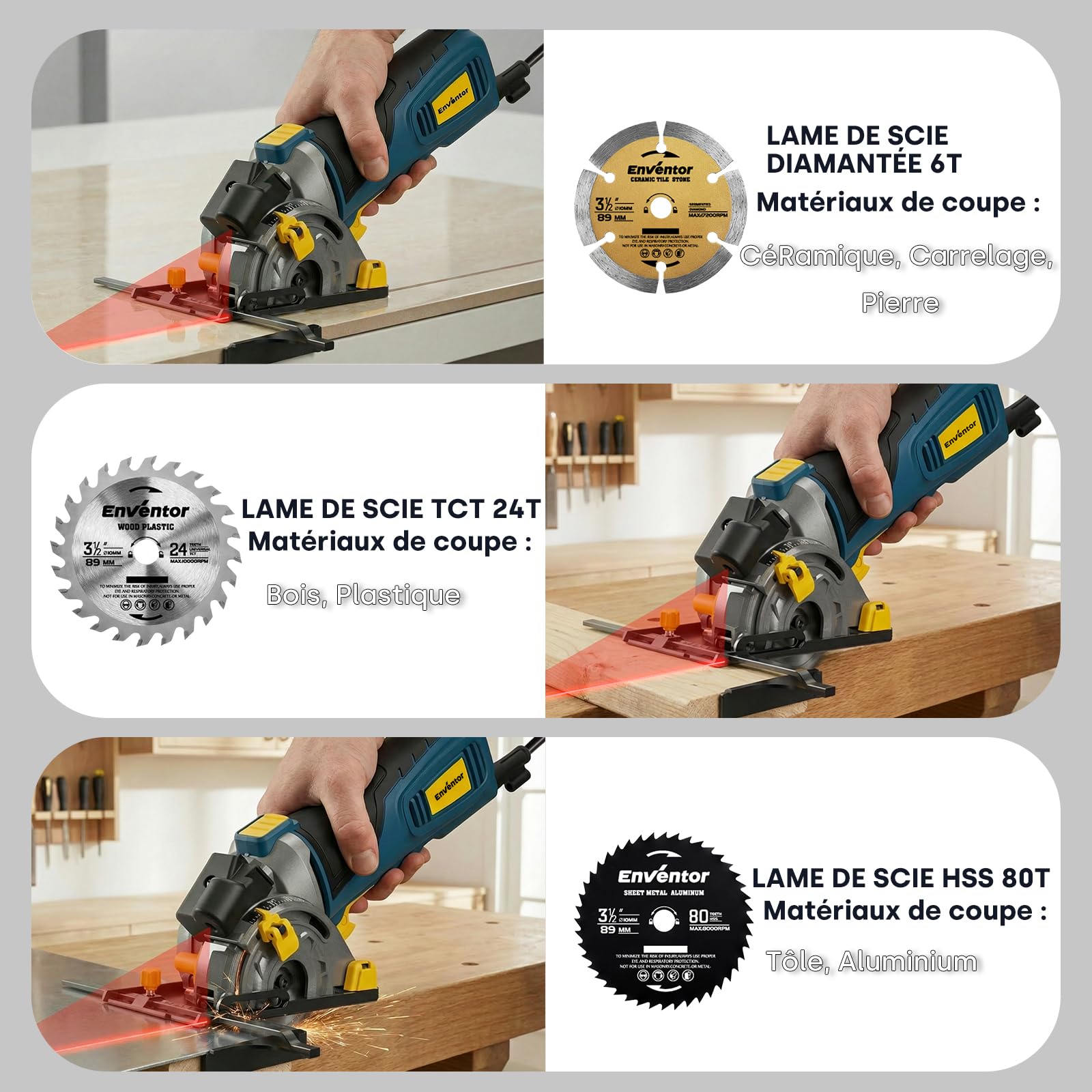 Enventor 600W Mini Scie Circulaire, Petite Scie Circulaire Portative avec échelle et Guide Laser, 5500RPM, Utilisation à une Main, 3 Lames de Scie, pour Bois, Carrelage, Plastique et Métaux fins