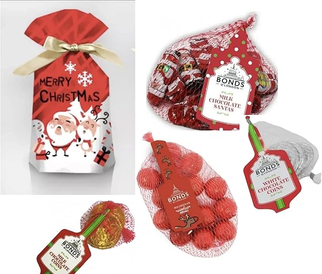 Christmas Chocolate Treats - Bonds Milk & White Chocolate Coins - Santa Chocolate Net & Chocolate Reindeer Noses Net - Stocking Fillers Variety Pack of 4 - Christmas Gift 2022