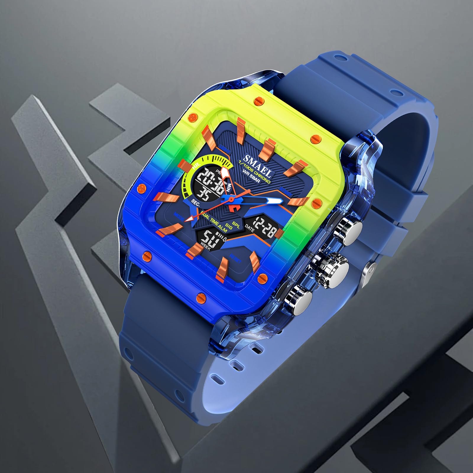 MASTOP Reloj deportivo analógico digital cuadrado para hombre, alarma