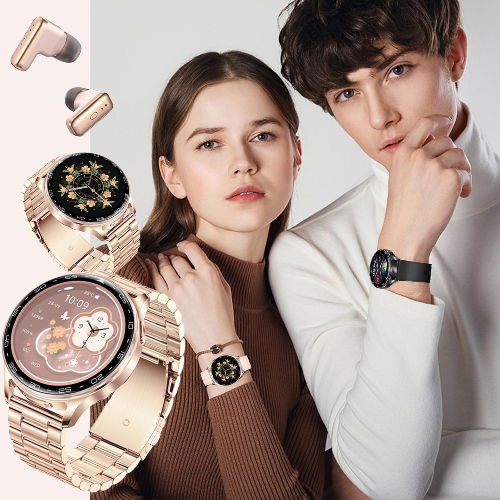 Smartwatch Bluetooth Kopfhörer Innovatives 2-in-1 Design Fitness Tracker 1.39 Zoll Bildschirm Touchscreen Kabelloses Headset mit Schrittzähler Herzfrequenz Schlafmonitor IP67 Wasserdicht Gold
