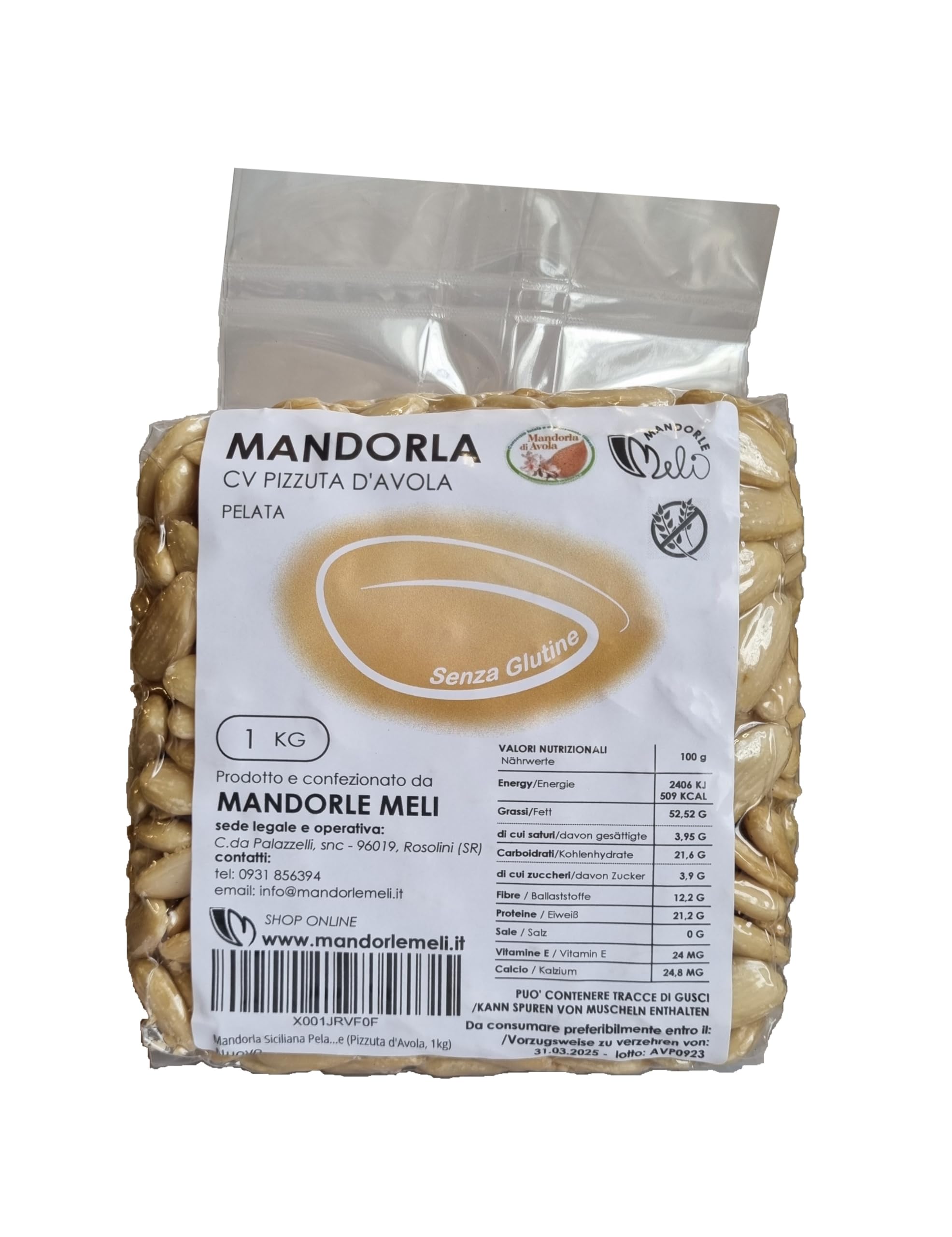 Sizilianische Geschälte Mandel - Trockenfrüchte, reich an Vitaminen und Ballaststoffen - Glutenfrei (Pizzuta d'Avola, 1kg)