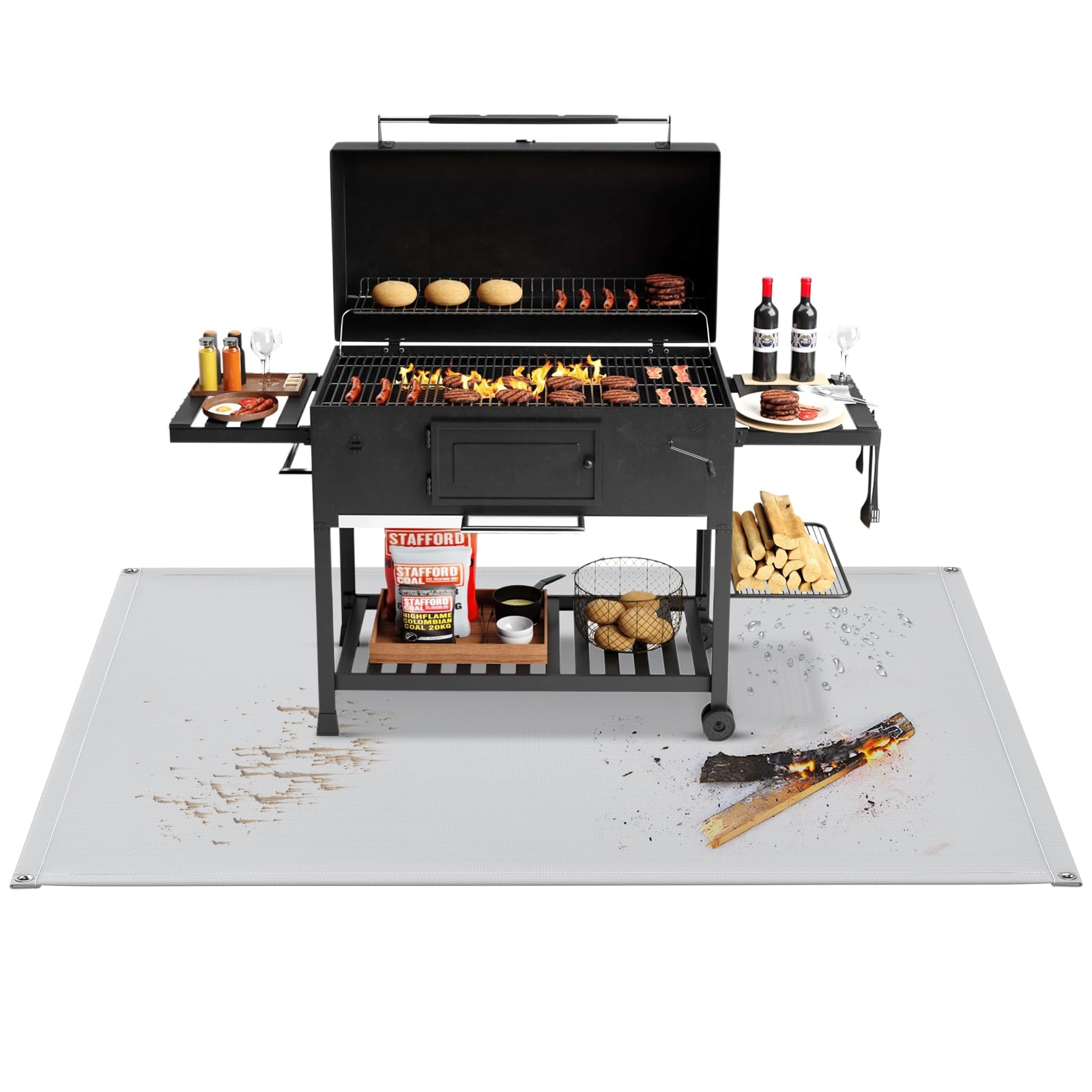 Pawfly Tappetini per Grigliate all'aperto, Tappetino per Grigliate Ignifugo da 137 cm x 137 cm, Resistente al Calore e Impermeabile per Barbecue e Caminetti, per Prati, Terrazze e Patii all'esterno