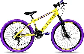 Colli Bike, Bicicleta Grau, Aro 26, Freios a Disco, 21 V, Alavanca Rapid Fire 3/7V, Pedivela Triplo Aço, Selim Colli C/Carrinho, Pedal Free Sport 9/16 Colorido, Pneus Coloridos, Guidão Downhill