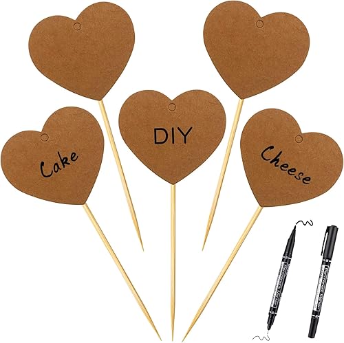 BLUE TOP 50 púas de bambú, 50 etiquetas de corazón de papel de estraza para magdalenas de San Valentín, selecciones de cóctel, marcadores de queso,