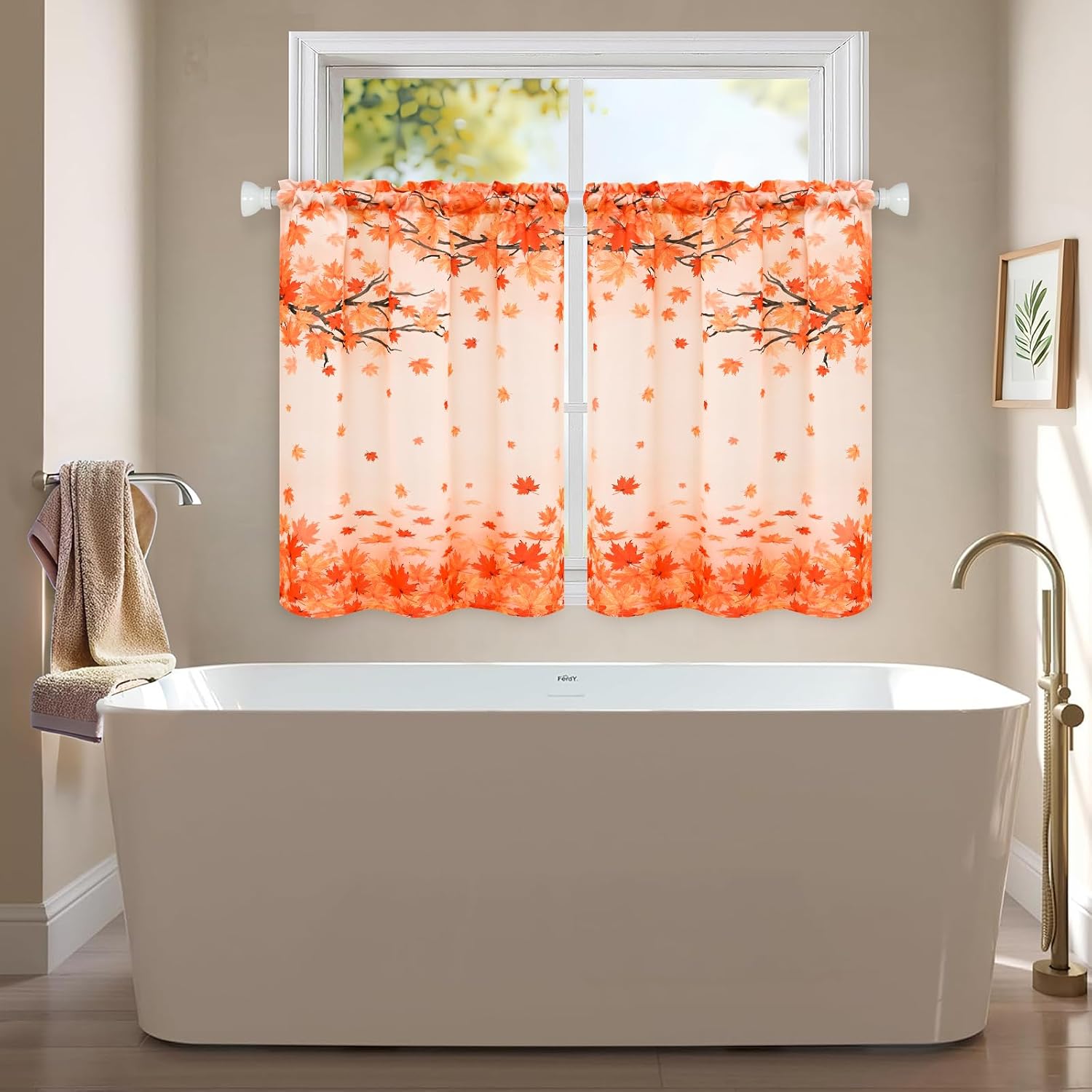 Yinhua Fall Kitchen Curtains Maple Leaves Tier Curtains Thanksgiving 36 Inch Curtain for Windows Rod Pocket Short Curtain for Kitchen Window, Bathroom, 26" W x 36" L, 2 Panels