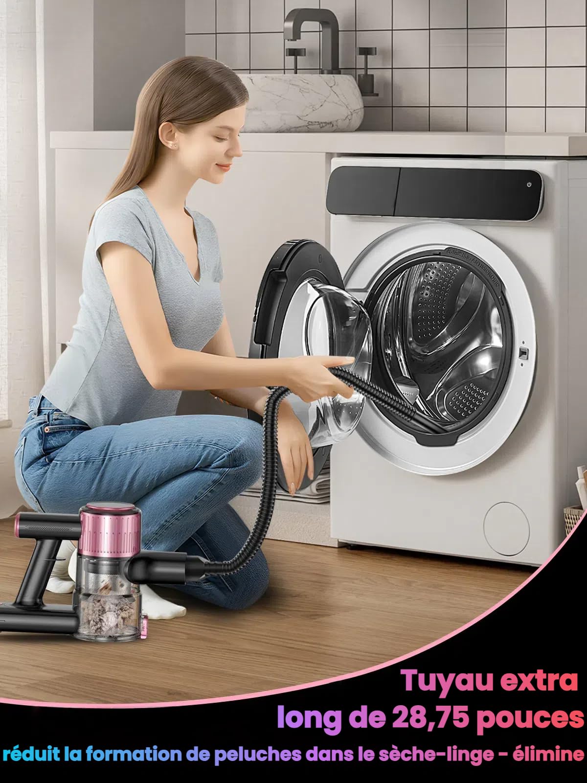 Aspirateur Balai sans Fil 52KPa/500W/45Mins, Écran LED, Tuyau Extensible, Brosse Anti-Enchevêtrement, Filtration 5 Niveaux, Idéal pour Sols Durs, Tapis, Poils d'animaux et Voiture - Rose