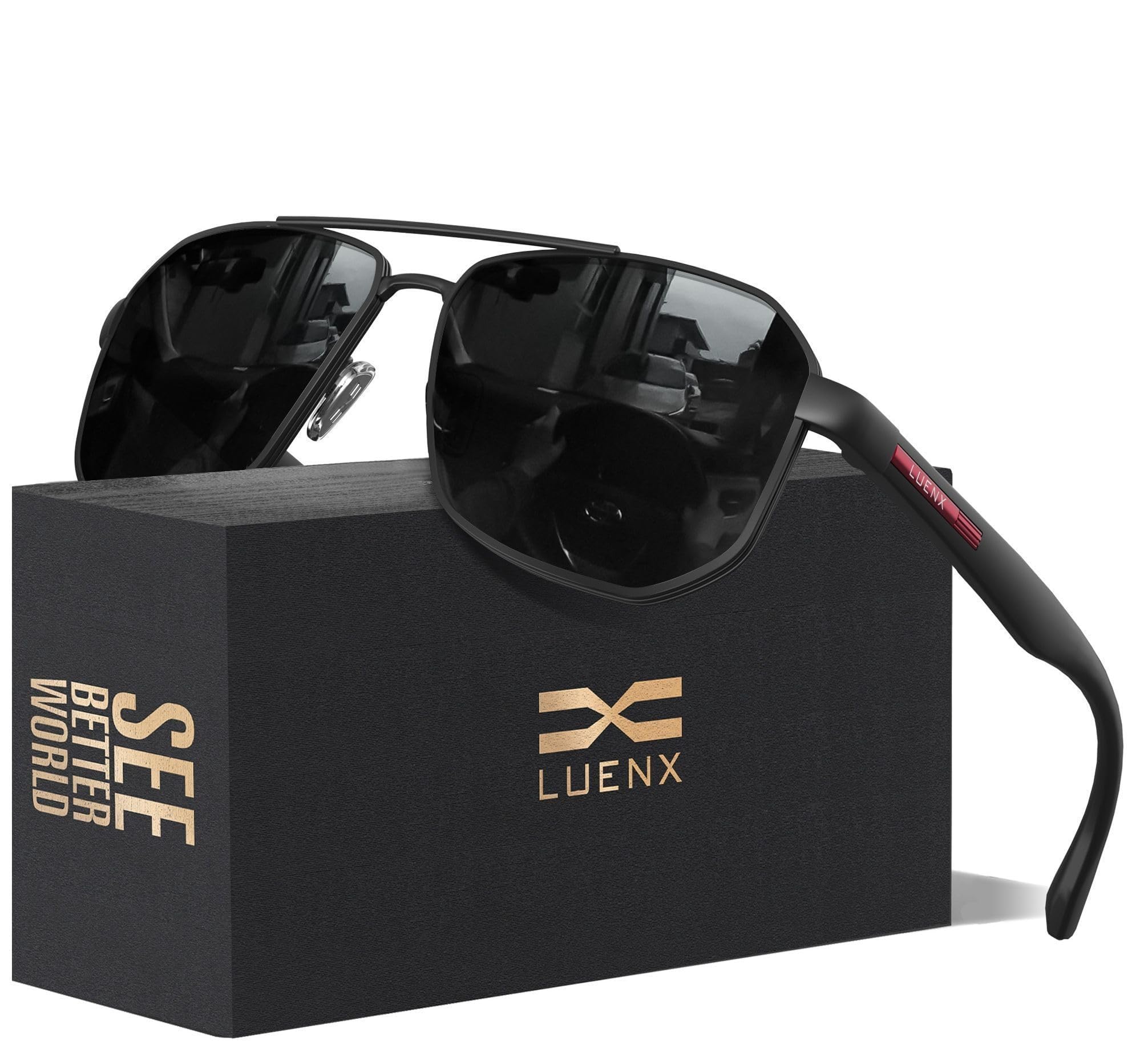 LUENX Aviator Sunglasses for Men Square Polarized Polygon Black Lens Matte Black Frame - UV 400 Protection with Accessories