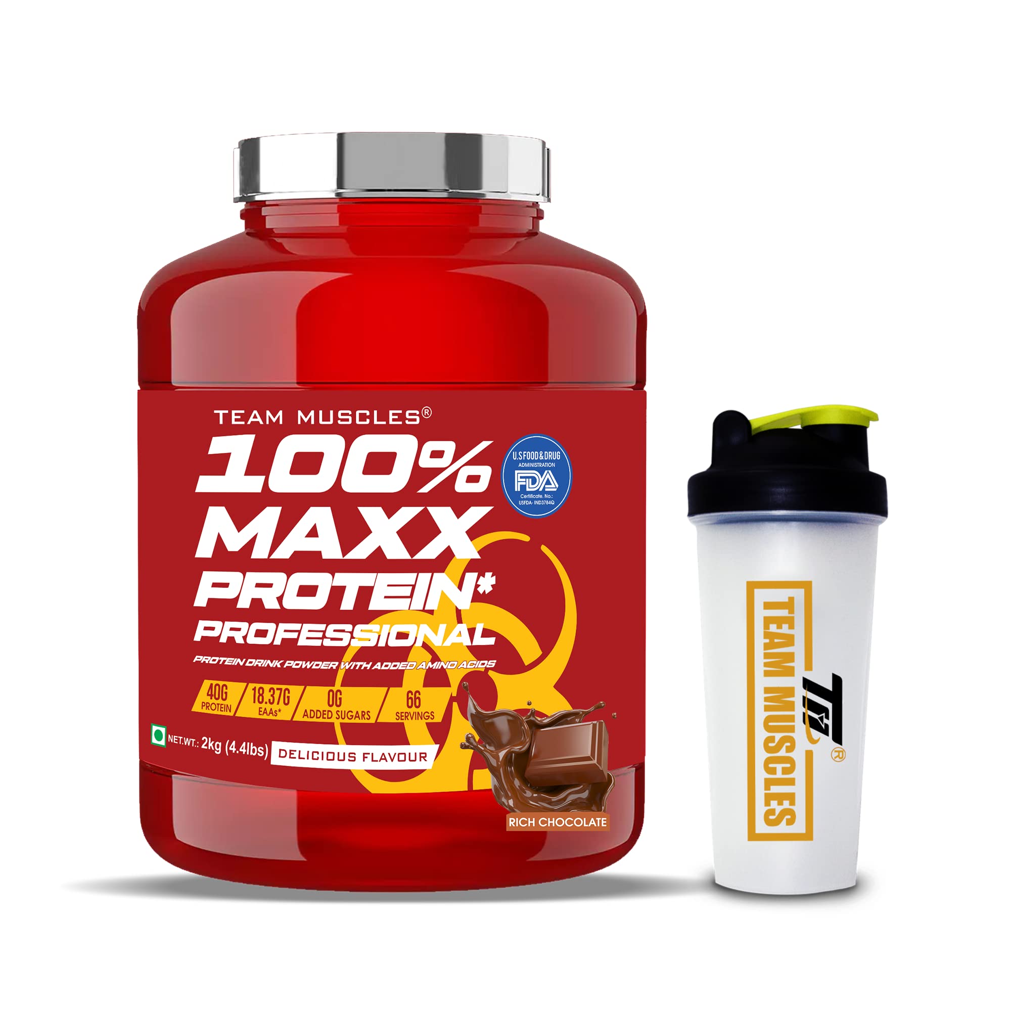 Team Muscles TM 100% Maxx Protein Professional- 2Kg | Gold Whey | Whey Protein | Tm Supplement (Rich Chocolate, PO1 + Shaker)