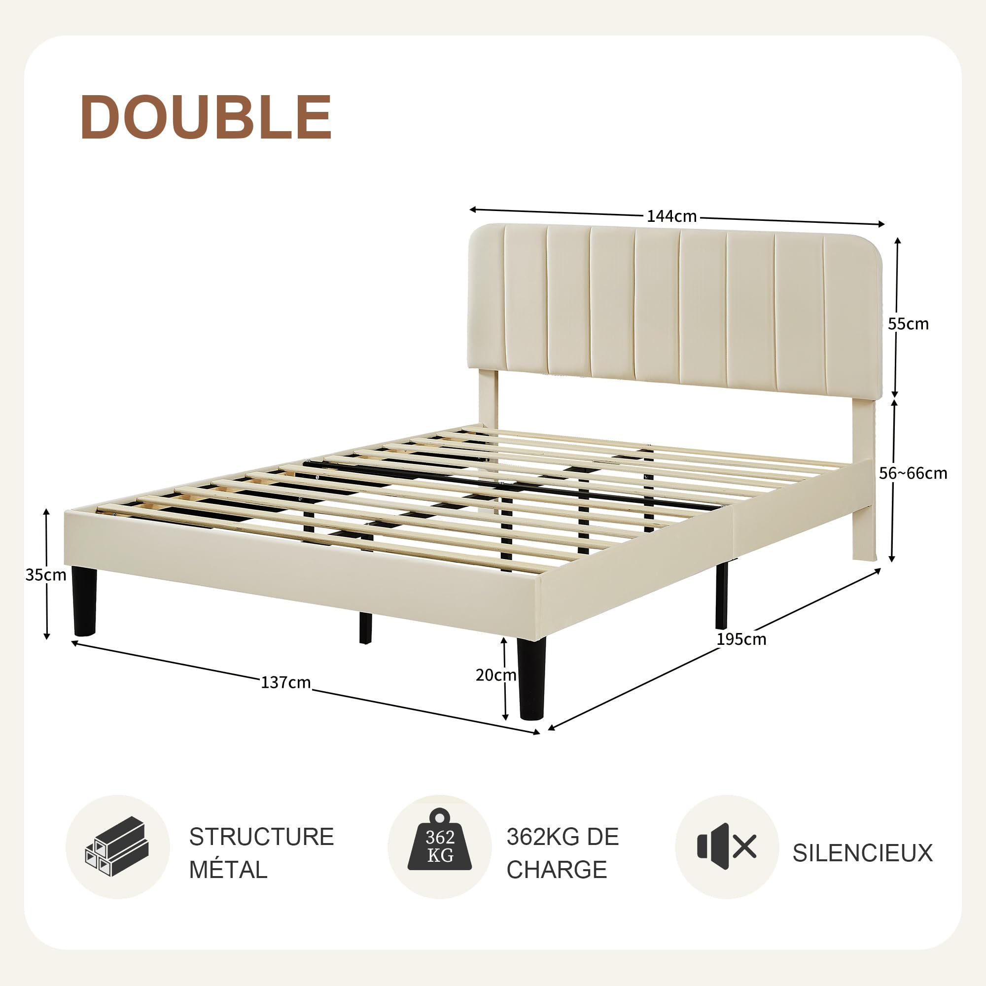 VECELO Lit Double Rembourré 140x190 cm, Support à Lattes en Bois Solide, Tissu Velours, Facile à Assembler, Beige