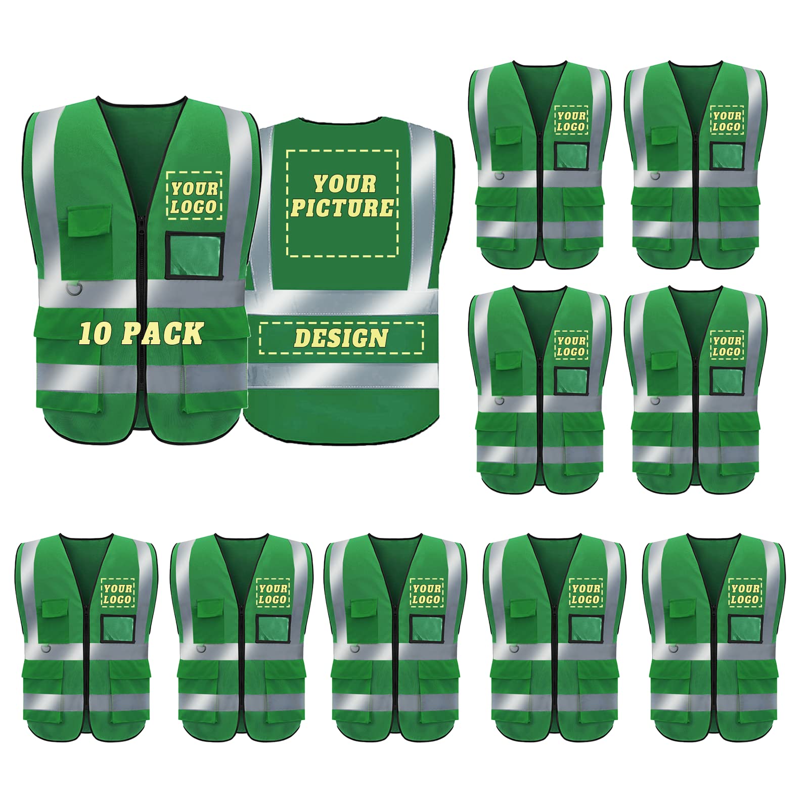 BeautyWill Safety Vest Custom Logo, Class 2 Personalized High Visibility Reflective Vestwith 5 Pockets and Zipper,10 Pack (001Green, XXL)