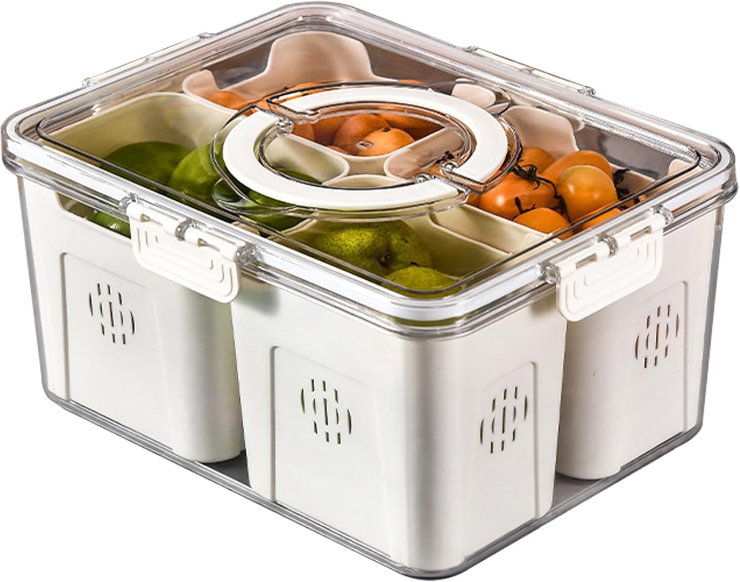 Vasukie Divided Fridge Storage Boxes With 4 Serving Veggie Tray with Lid and Handle, Fridge Organizer with Removable 4 Compartment, Fridge Storage Containers (4 Large Compartment-1PC)