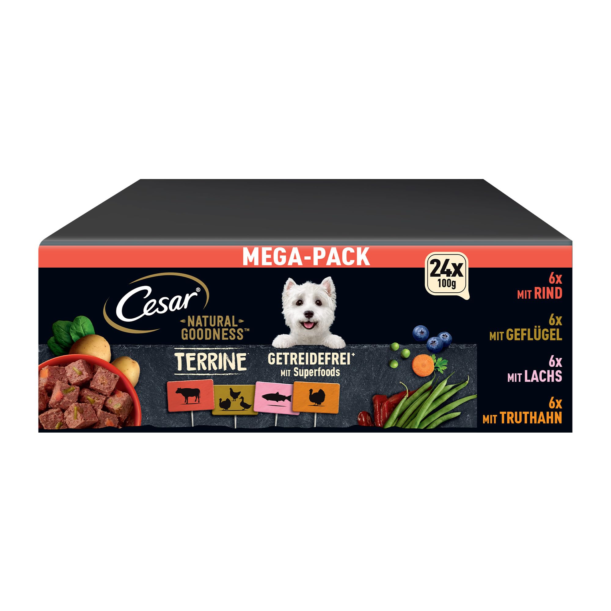 Cesar Natural Goodness Premium Hunde Nassfutter in der Schale Getreidefrei mit Superfoods in 4 Varietäten Megapack 24x100g