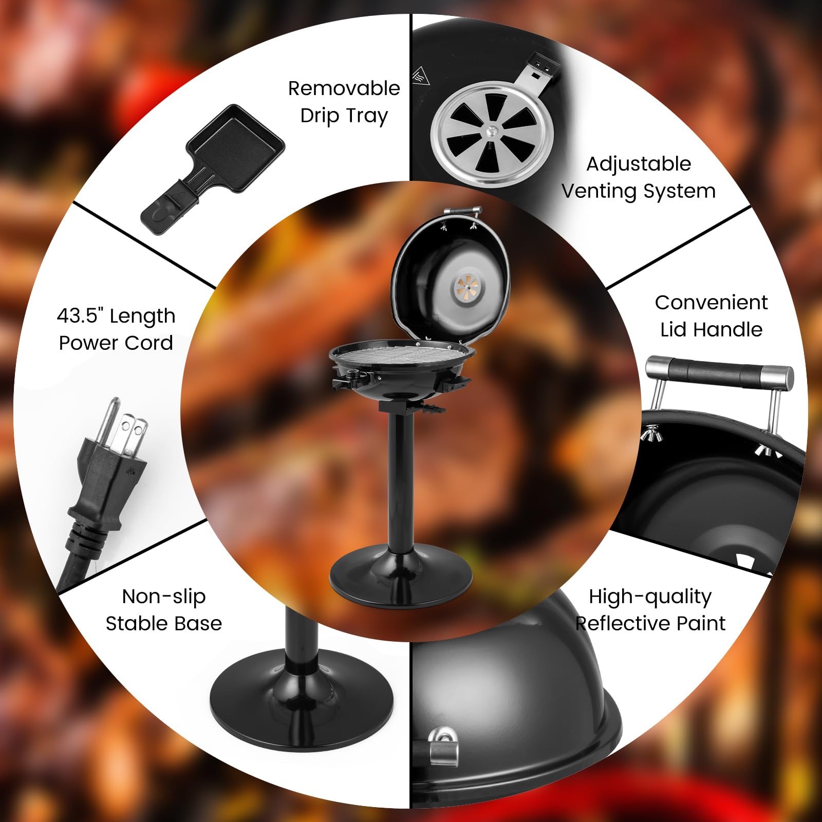 Parrilla eléctrica de 1600 W para exteriores, parrilla de campamento independiente de 15 porciones con estante de calentamiento, bandeja de goteo de aceite extraíble, control de temperatura 6