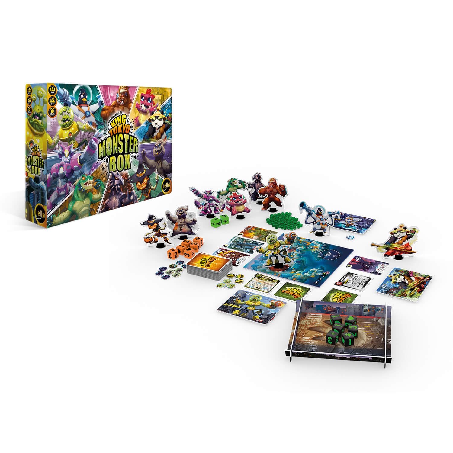 IELLO, King of Tokyo Monsterbox – Grundspiel mit Erweiterungen, taktisches Würfelspiel, rasante Kämpfe & Powerkarten, Für 2–6 Spieler ab 8 Jahren