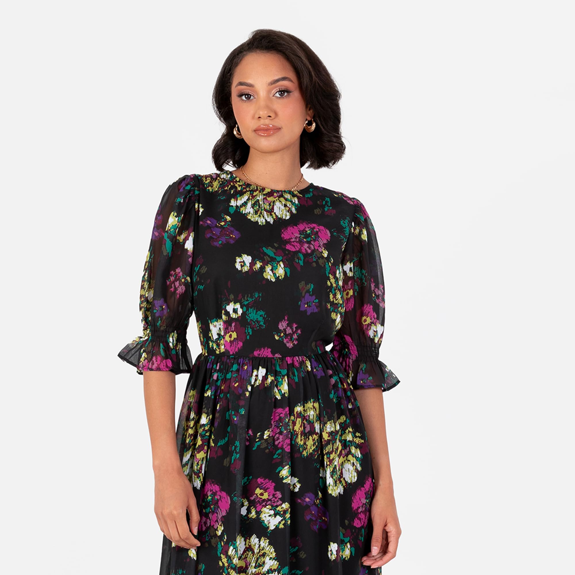Lovedrobe Women's Midaxi Dress Ladies Short Puff Sleeve Round Neck Floral Chiffon Ruffle Tiered Bottom Hemline A-Line Occasion