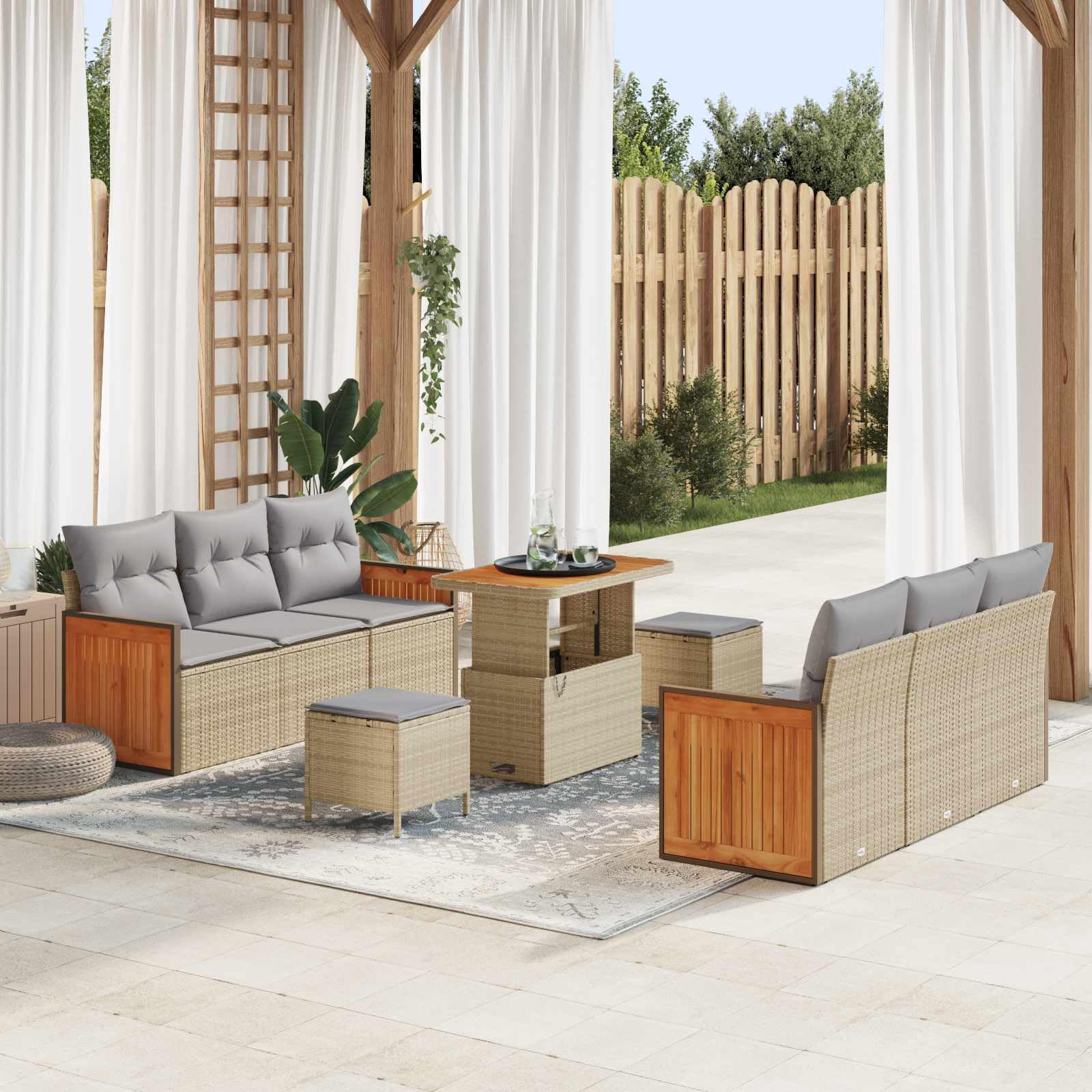 HaoChrymec Salon de Jardin 9 pièces, 8 Places, Beige et Gris Clair, 75.2kg