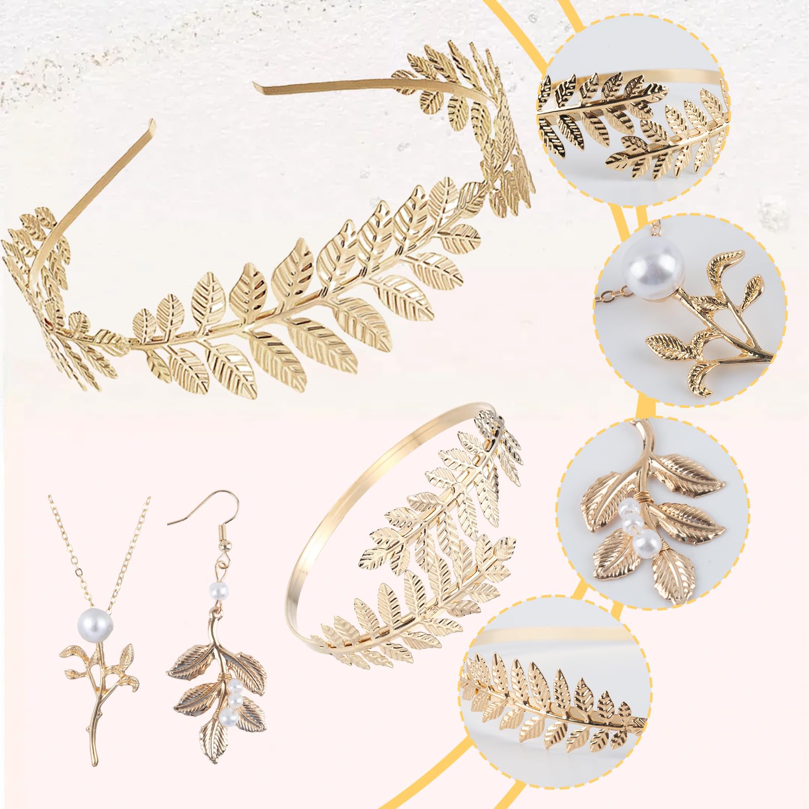 AYNKH Greek Goddess Costume Accessories Set for Women, Includes Gold Leaf Crown, Earrings, Arm Band, and Necklace - Image 4