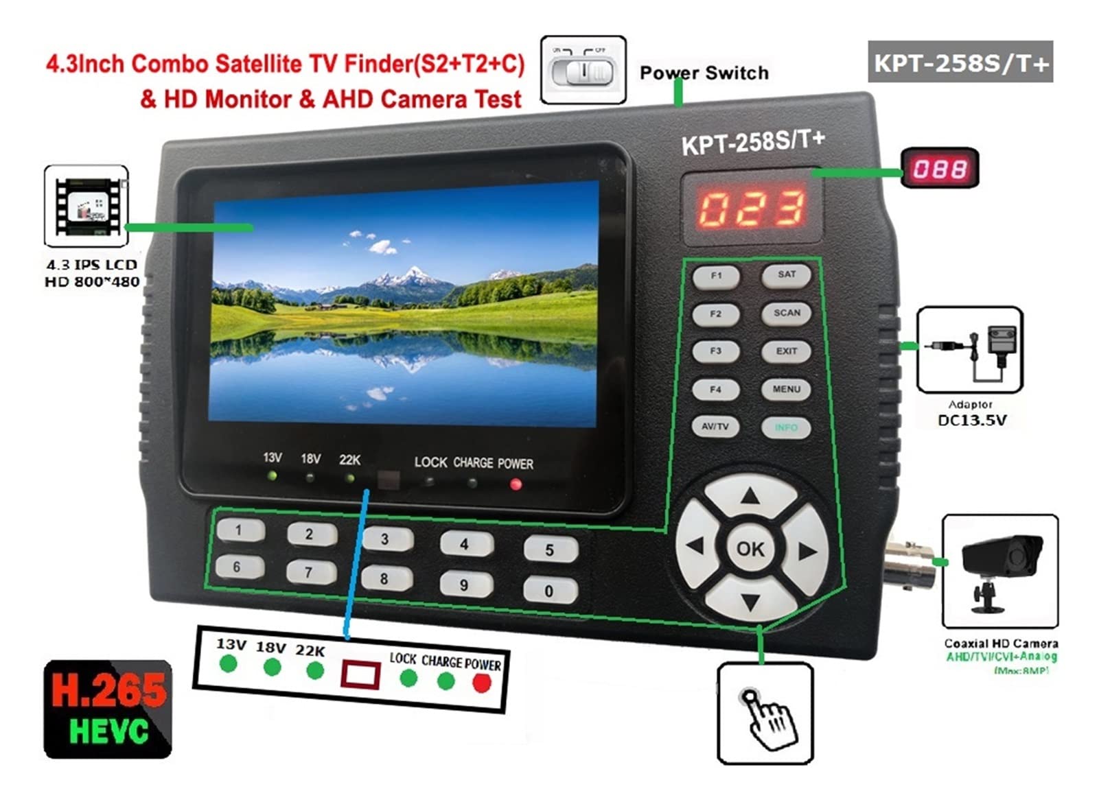 Pointeur Satellite KPT-258S / T DVB-S2 / T2 Satellite la télé Finder Recepes de TV HD Test de signal de compteur de récepteur satellite numérique vs ST-5150(KPT 258ST)