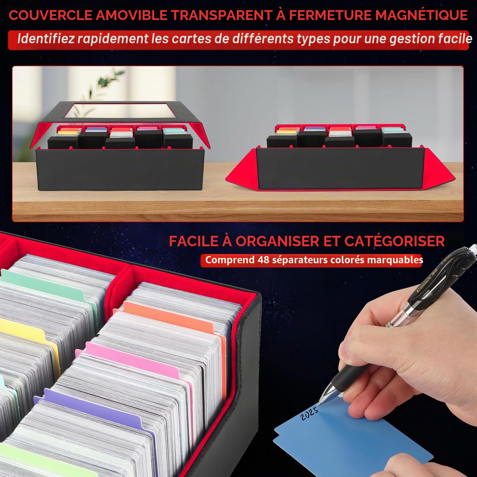 AOBOPLE Boîte de 5 Rangées Rangement de Cartes Pour 3900+ Cartes,Avec 48 Intercalaires et 5 Supports en Mousse,Boîte Rangement Carte Magnétiques de Qualité Supérieure,Rangement Cartes de Spor(Rouge)