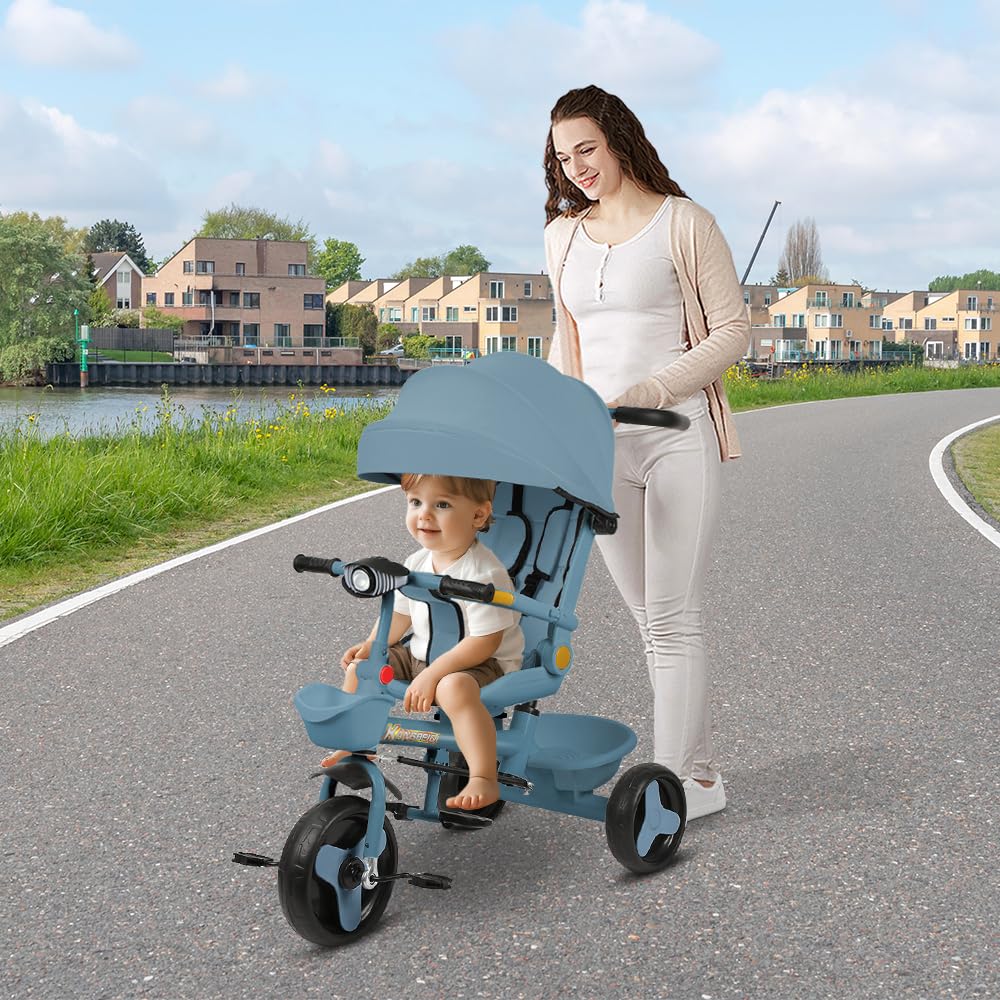 Triciclo escalable 5 en 1 para niños, barra de empuje ajustable, capacidad 20 kg, cochecito compacto con cesta y canopy, luces y música, asiento giratorio ajustable (azul)
