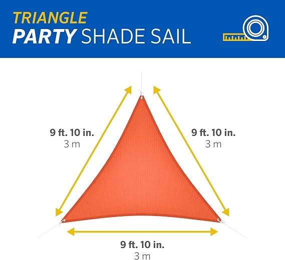 Coolaroo Party Shade Sail - 90% UV Block Lightweight Outdoor Sun Shade with Ropes, Portable Breathable Shade for Picnics, Playdates, or Events, 9ft 10in. Triangle, Orange