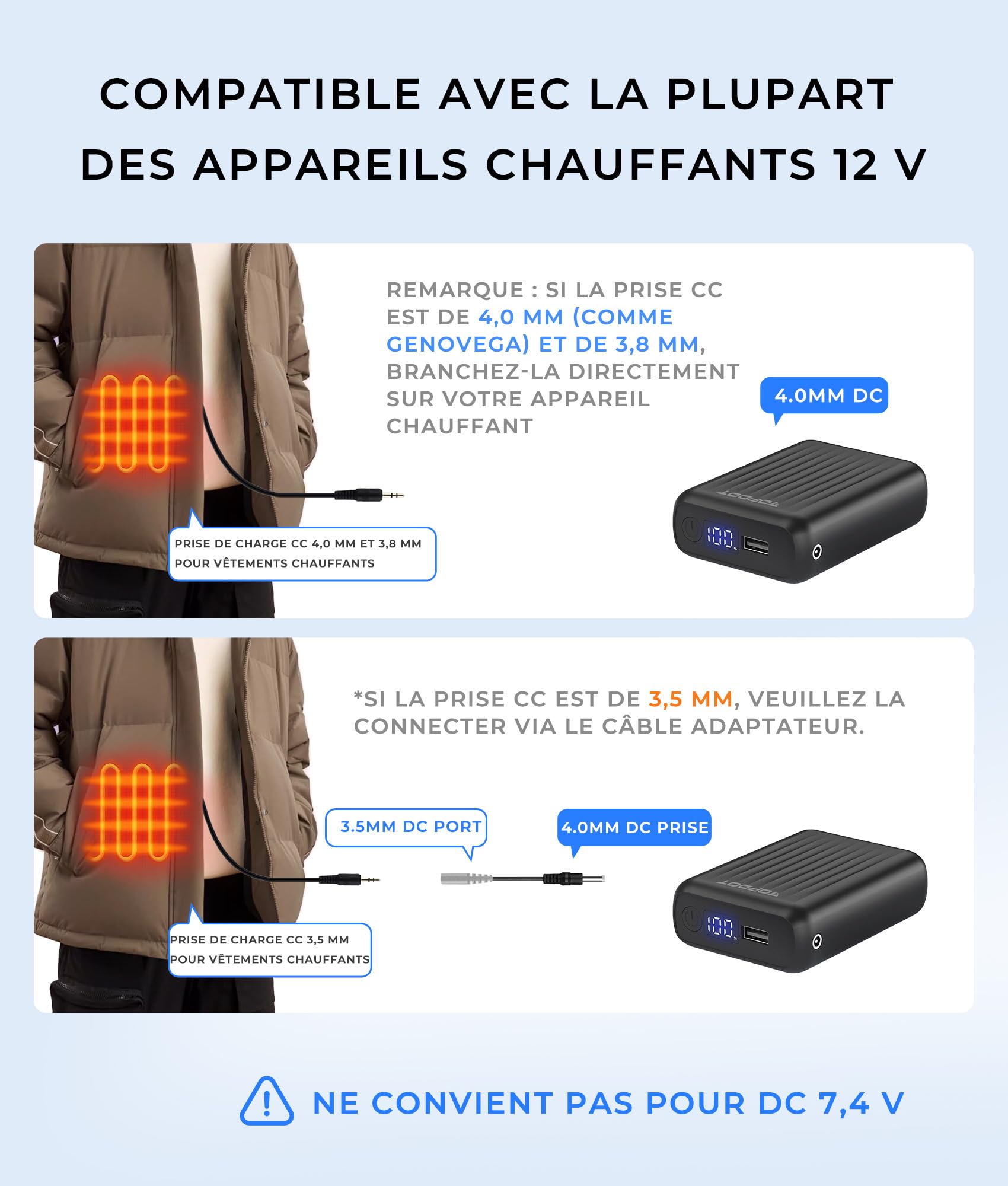 Topdot Batterie Externe 18400 mAh pour Vestes Chauffantes, 12V/7,4 V/5 V