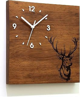 Solid Wood Wall Clock - Deer - Wood Laser Engraved - Massive Wood Iroko - African Teak - Contemporary Wall Mounted Clock